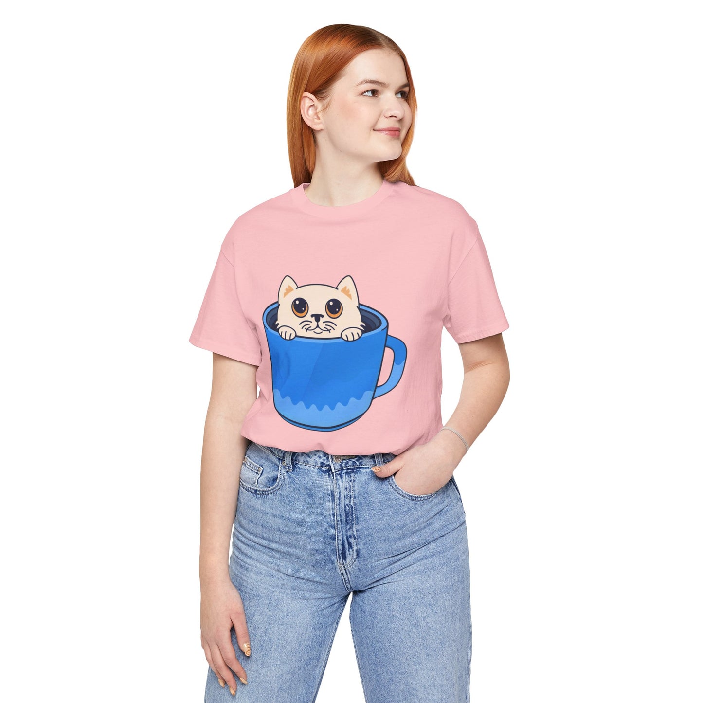 Cat in a Blue Mug T‑Shirt — Cute Kawaii Kitten Tee