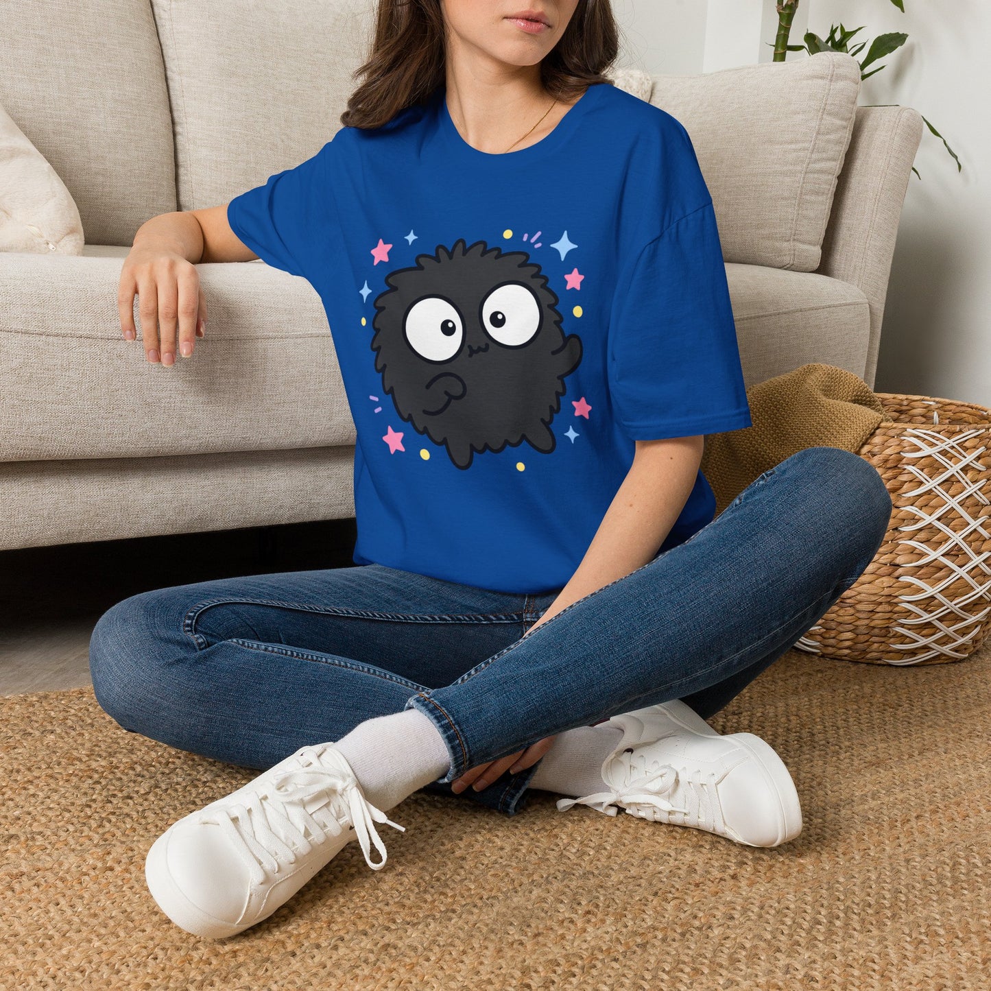Cute Black Fuzzball T-Shirt — Kawaii Monster Tee with Stars