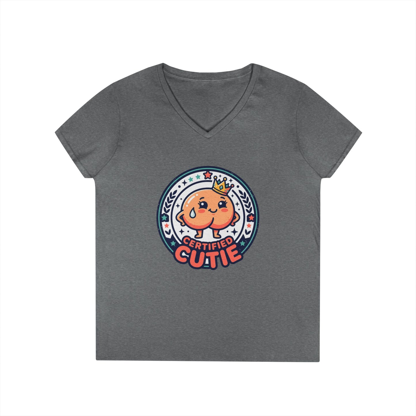 Certified Cutie V-Neck T-Shirt — Cute Cartoon Badge Graphic Tee for Women Printify