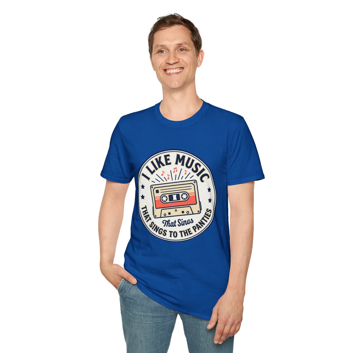 Retro Cassette T-Shirt — "I Like Music That Sings to the Pants" Vintage Music Tee