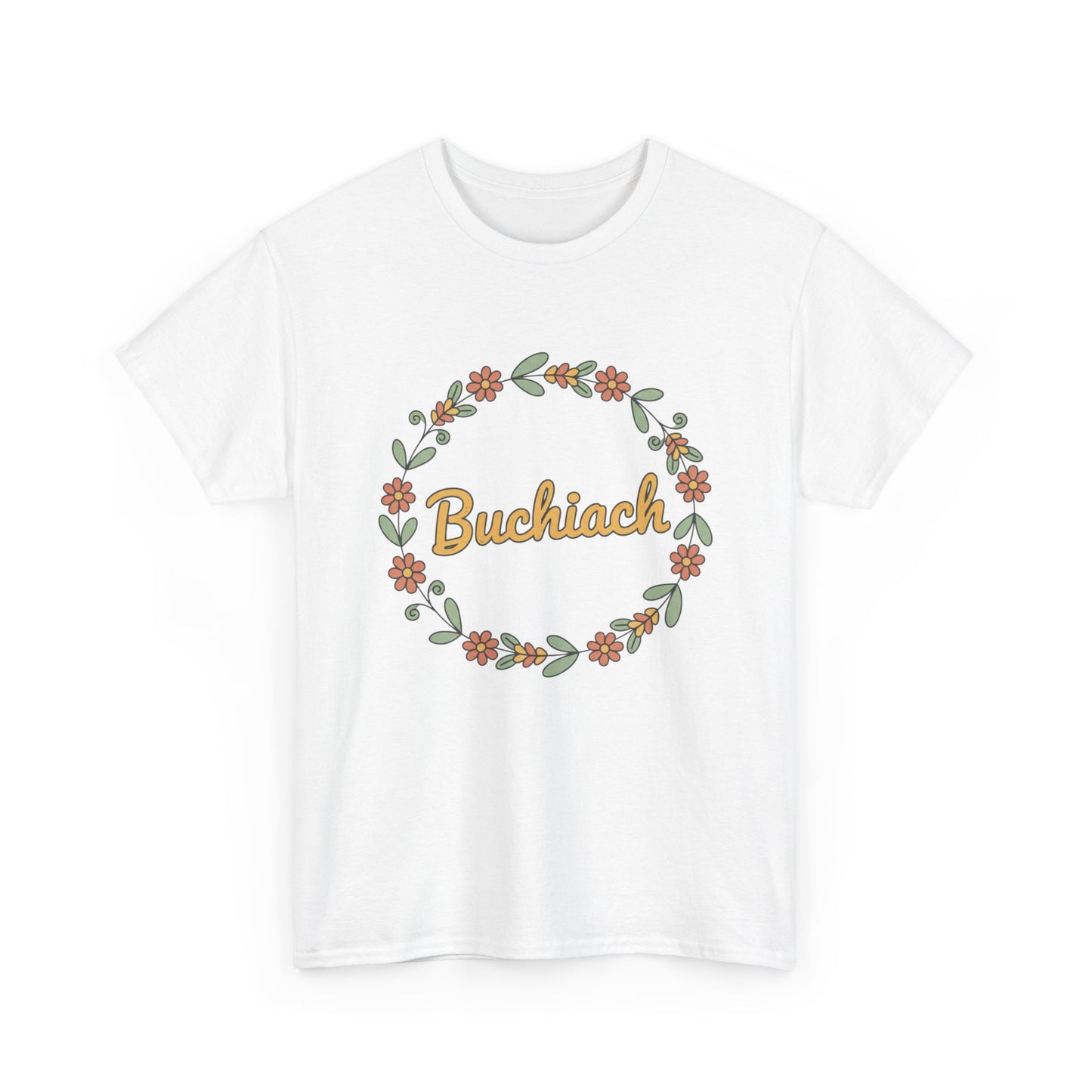 Buchiach Floral Wreath T-Shirt — Retro Script Garden Tee Printify