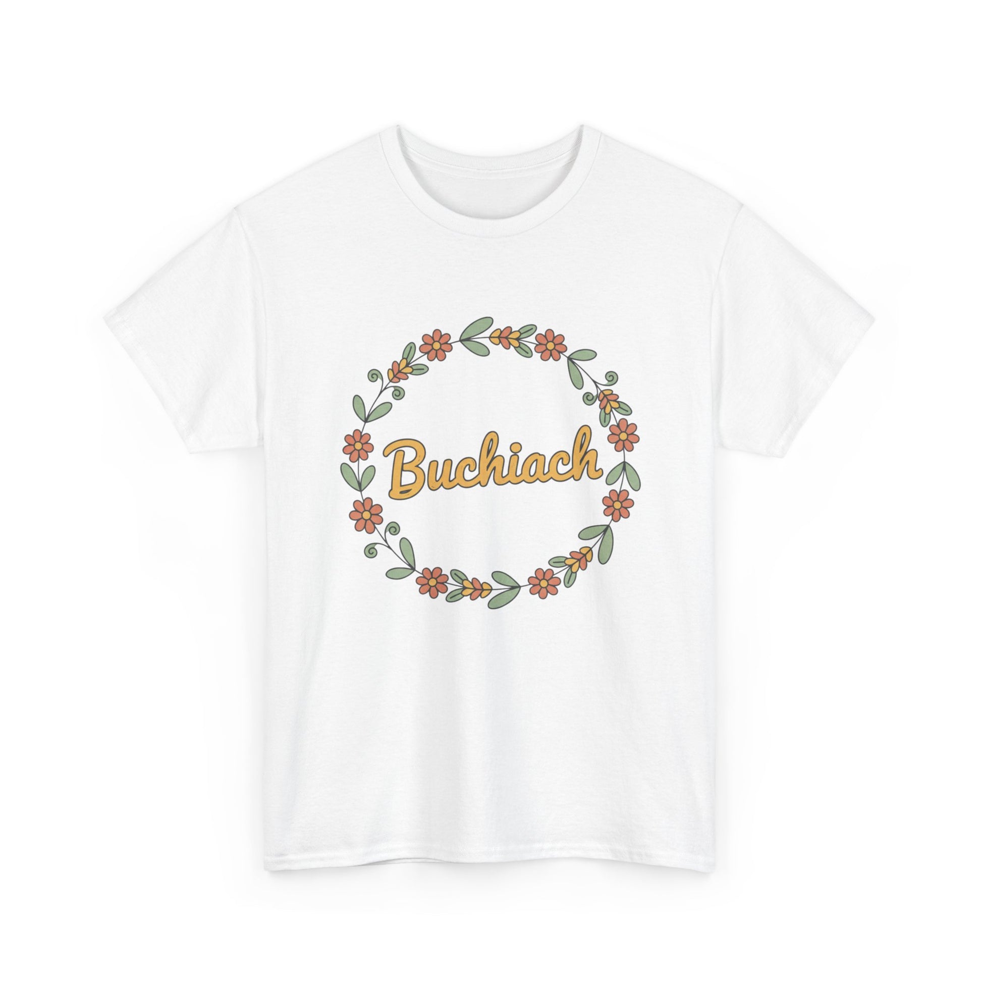 Buchiach Floral Wreath T-Shirt — Retro Script Garden Tee Printify