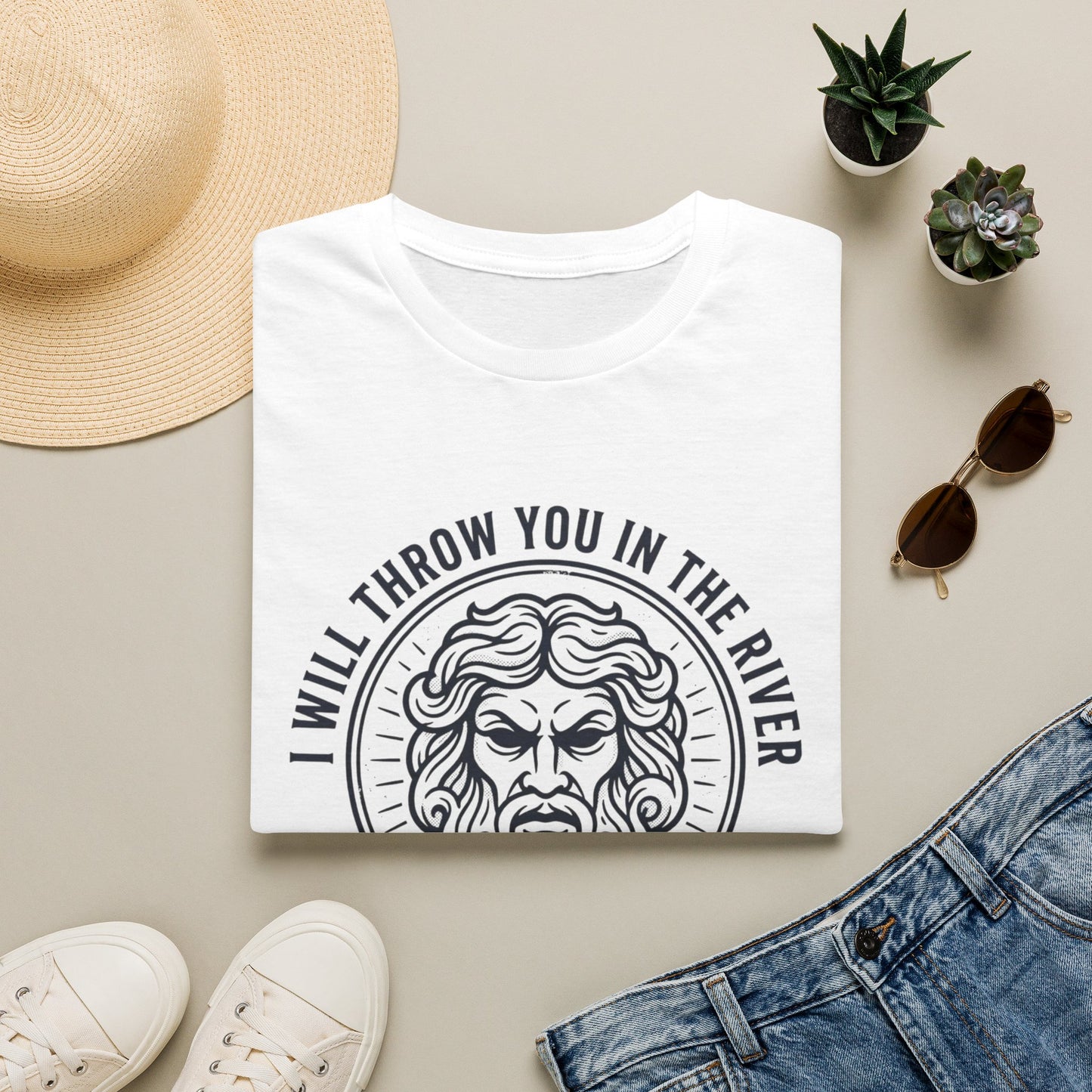 'I Will Throw You in the River' Bold Mythic Design-Graphic T-Shirt