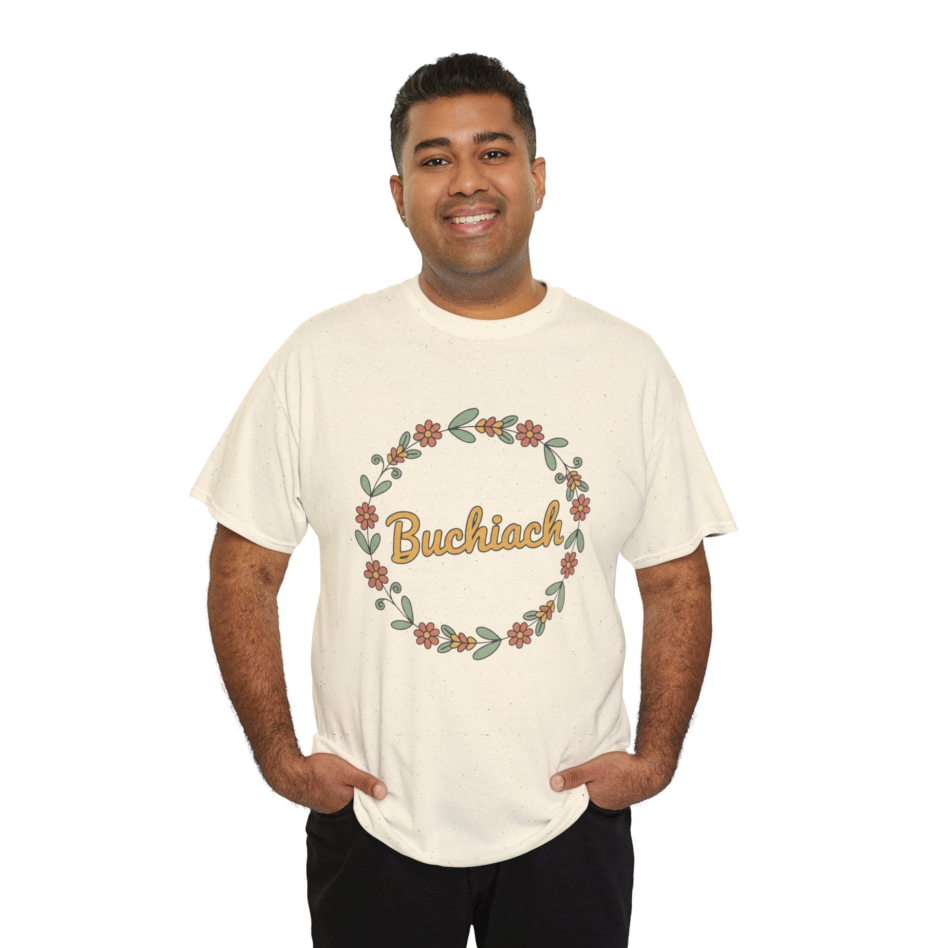 Buchiach Floral Wreath T-Shirt — Retro Script Garden Tee Printify