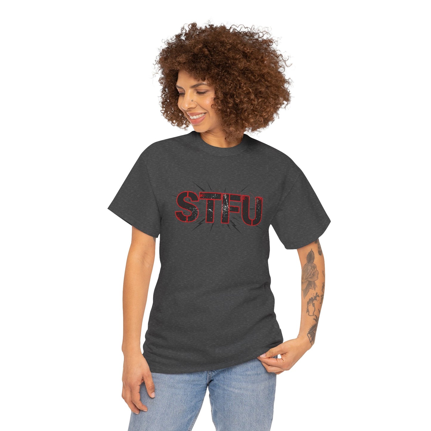 STFU Graphic Tee — Bold Distressed Text Shirt for Statement Style Printify