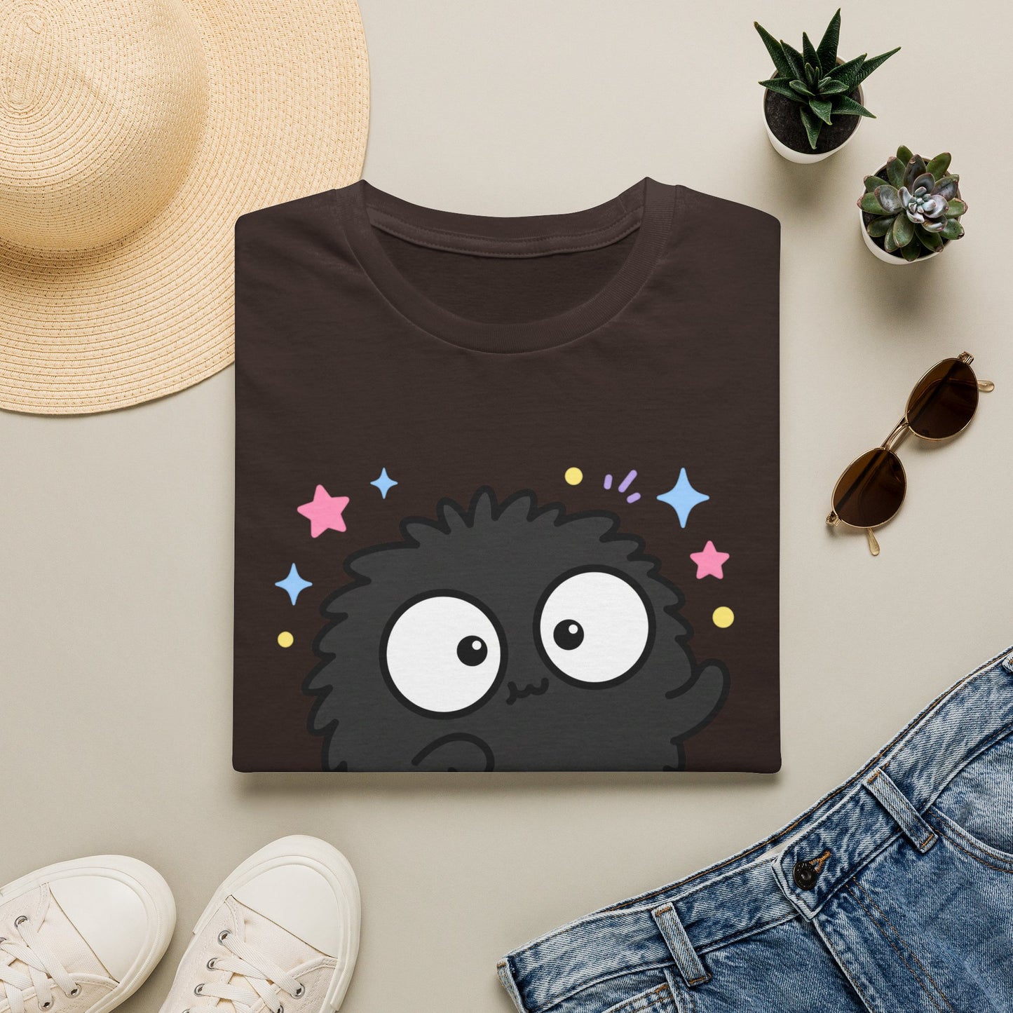 Cute Black Fuzzball T-Shirt — Kawaii Monster Tee with Stars