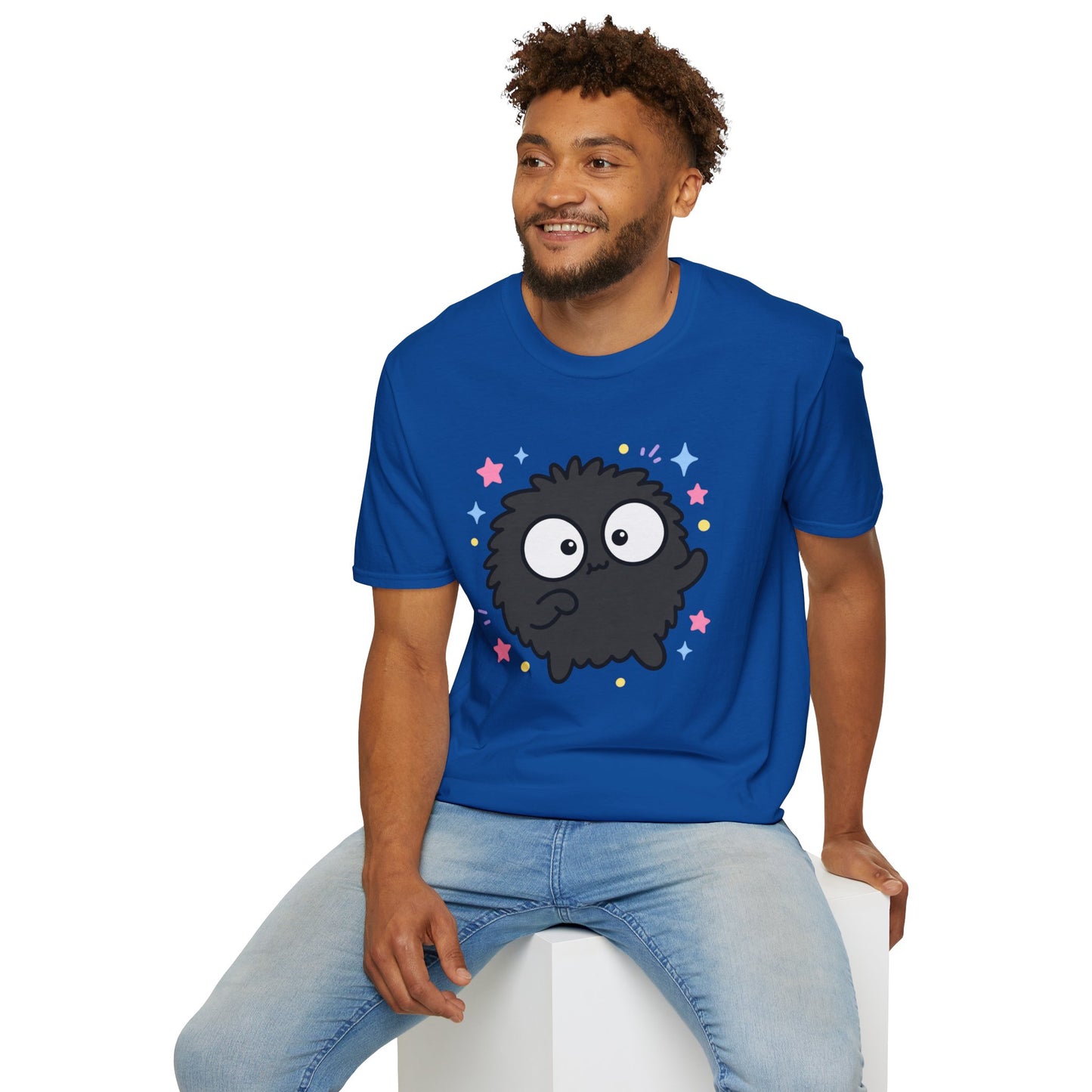 Cute Black Fuzzball T-Shirt — Kawaii Monster Tee with Stars