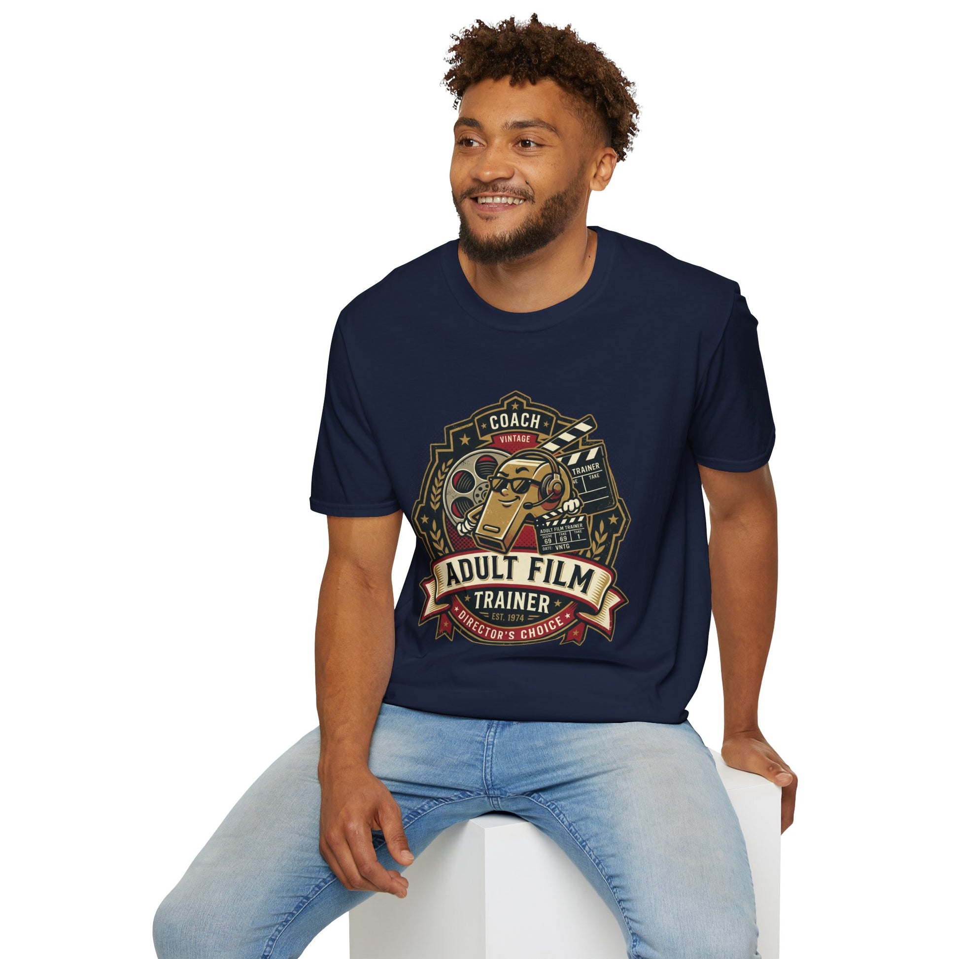 Adult Film Trainer T-Shirt — Vintage Director’s Coach Movie Reel Tee Printify
