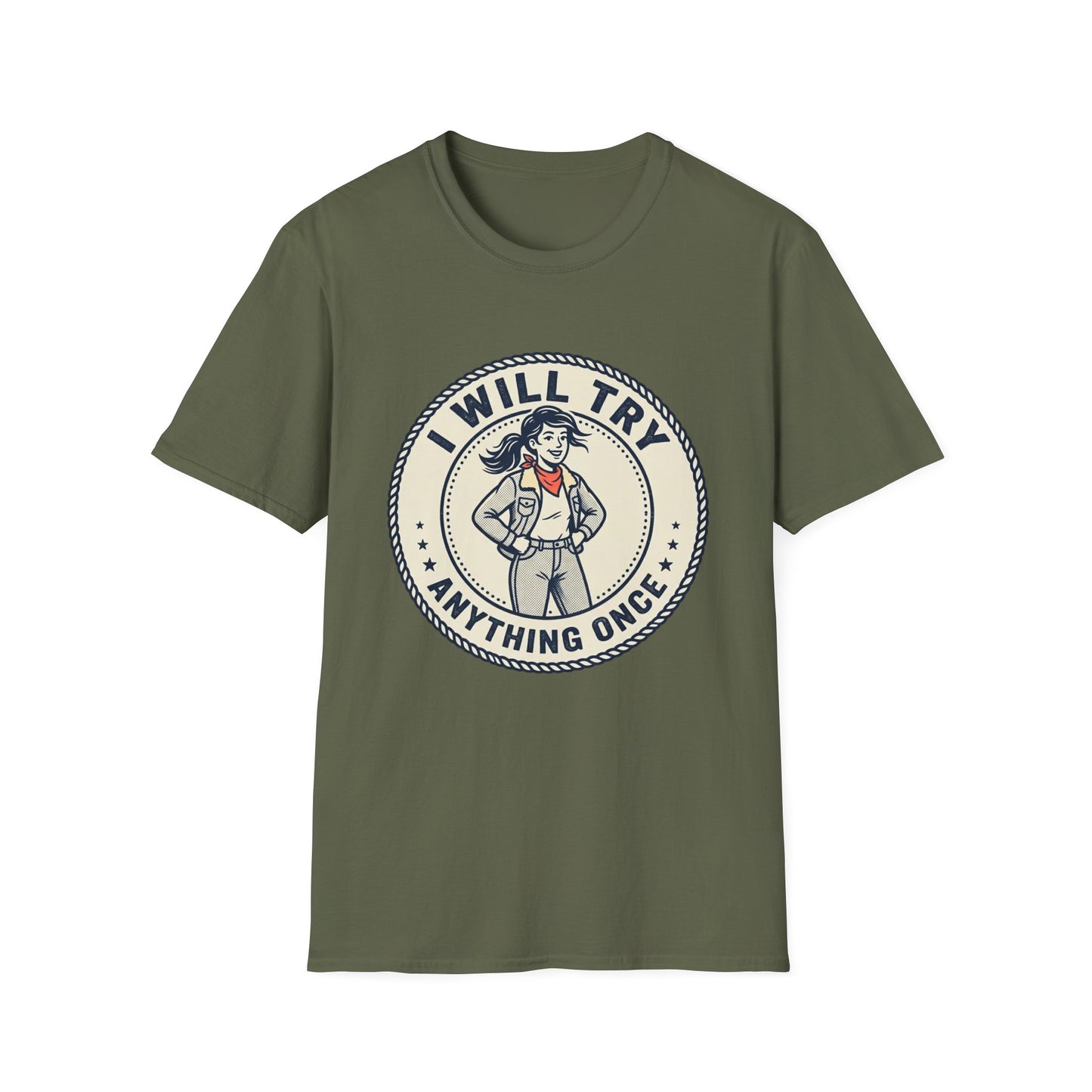 I Will Try Anything Once T-Shirt — Retro Adventurous Vintage Badge Tee