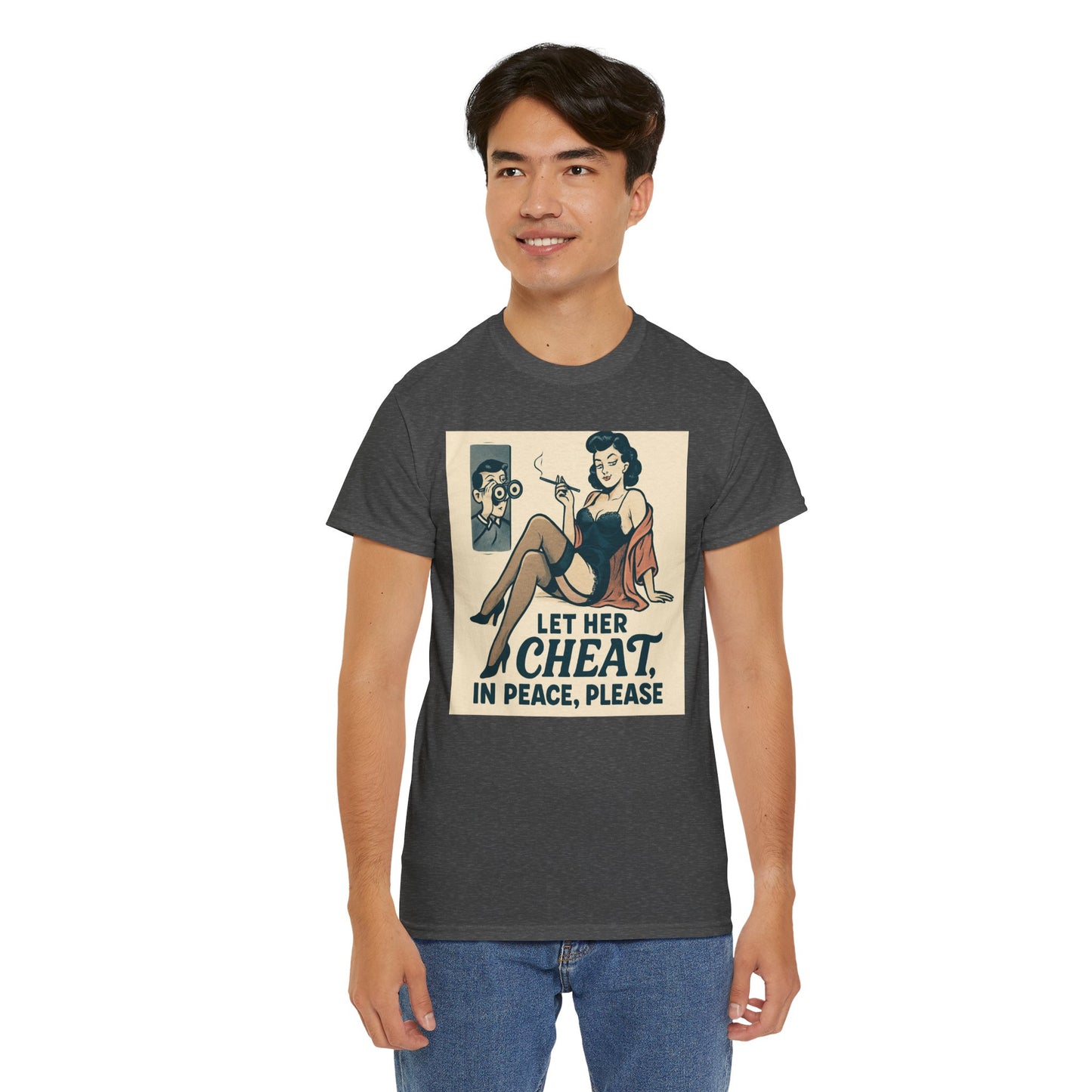T-Shirt — Vintage Pinup “Let Her Cheat in Peace, Please” Graphic Tee