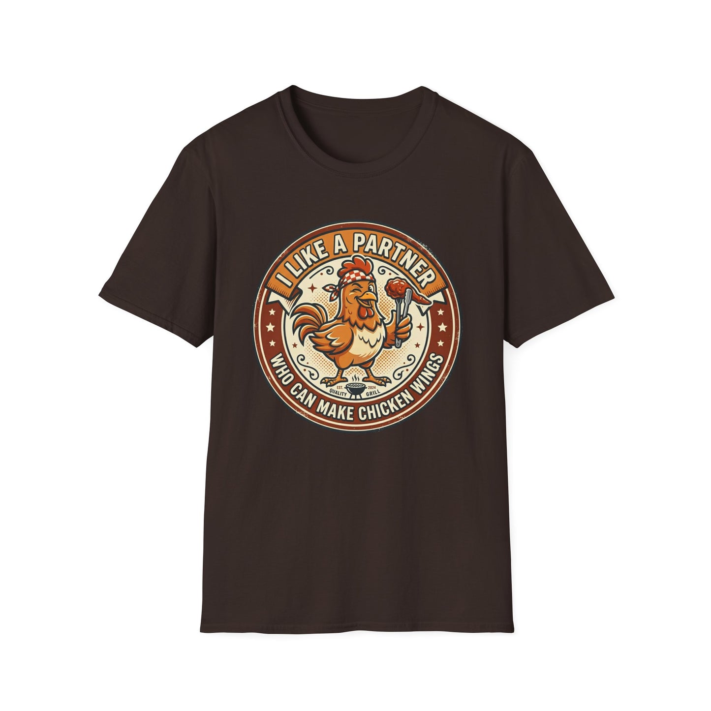 Funny Chicken Wings T-Shirt — "I Like A Partner Who Can Make Chicken Wings" Crew Tee