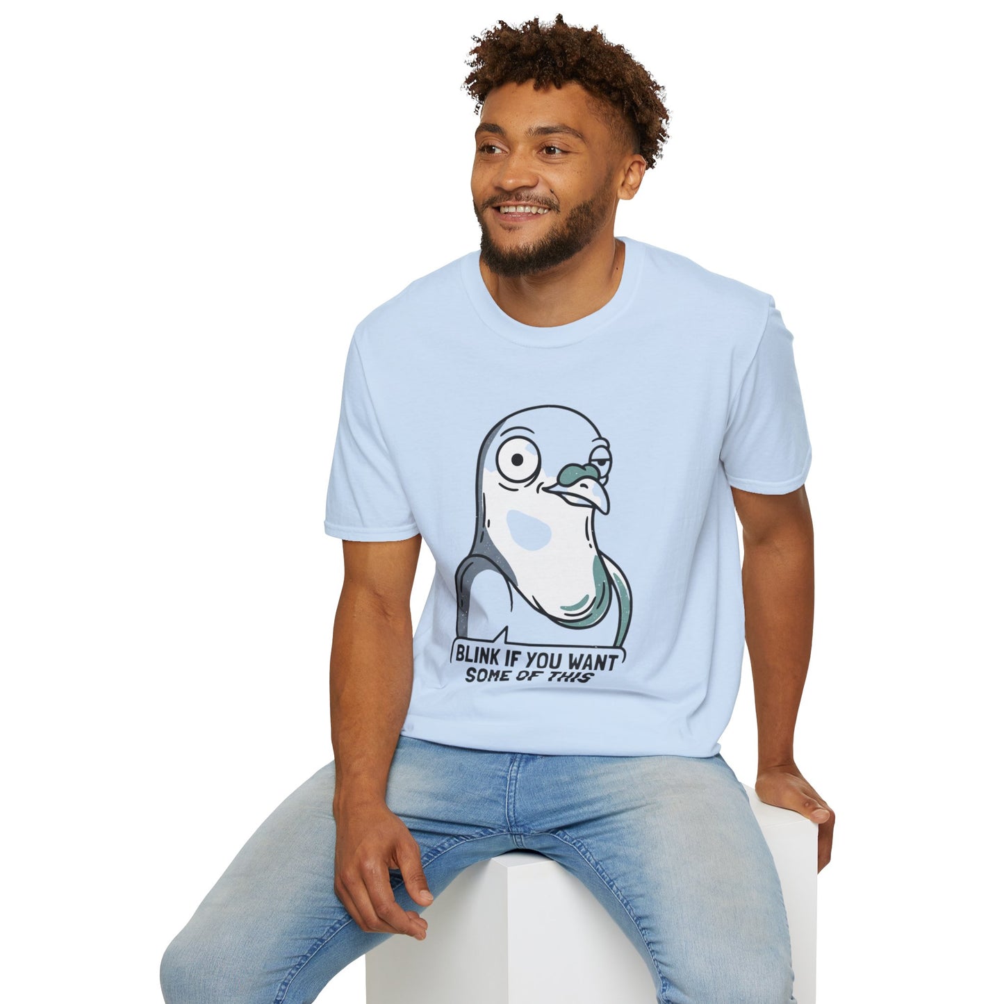 Pigeon Meme T‑Shirt — “Blink If You Want Some Of This” Funny Graphic Tee