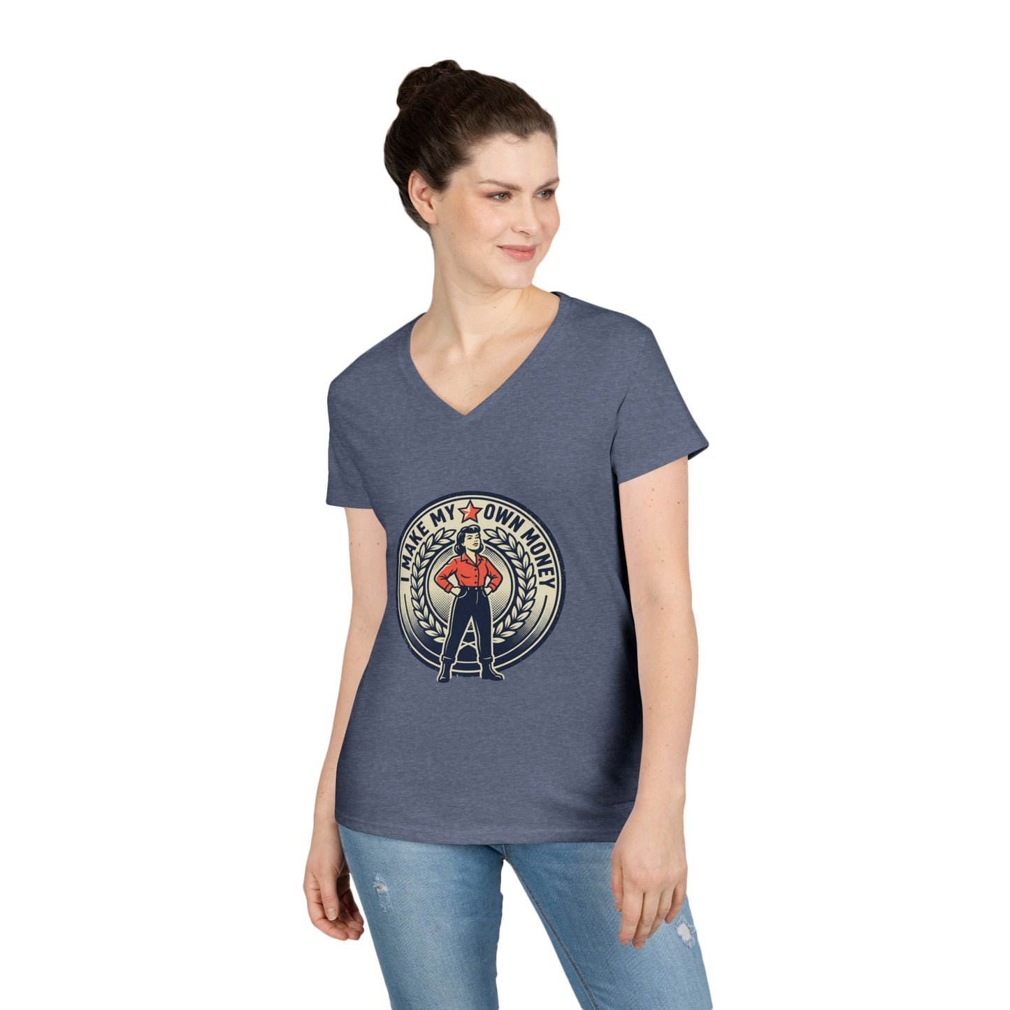 Ladies' V-Neck T-Shirt — "I Make My Own Money" Empowered Retro Worker Graphic Tee
