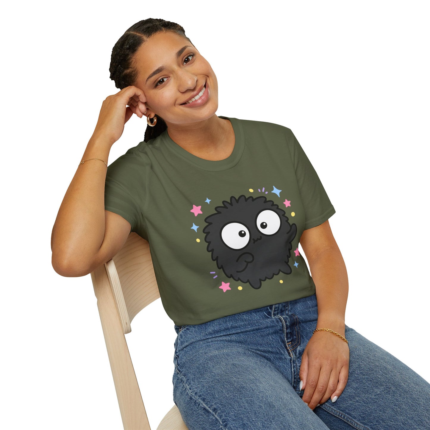 Cute Black Fuzzball T-Shirt — Kawaii Monster Tee with Stars