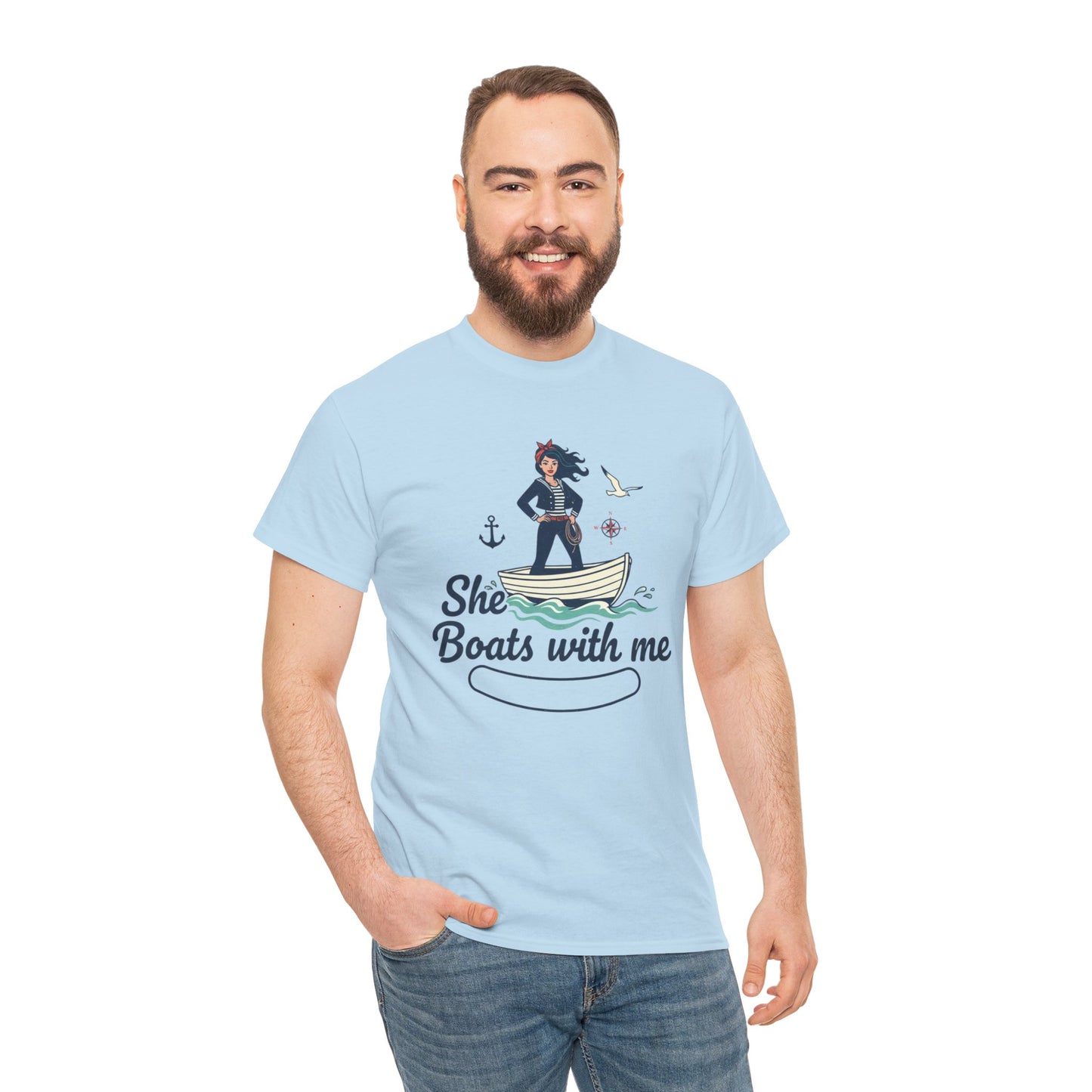 T-Shirt — "She Boats With Me" Nautical Couple Tee Printify