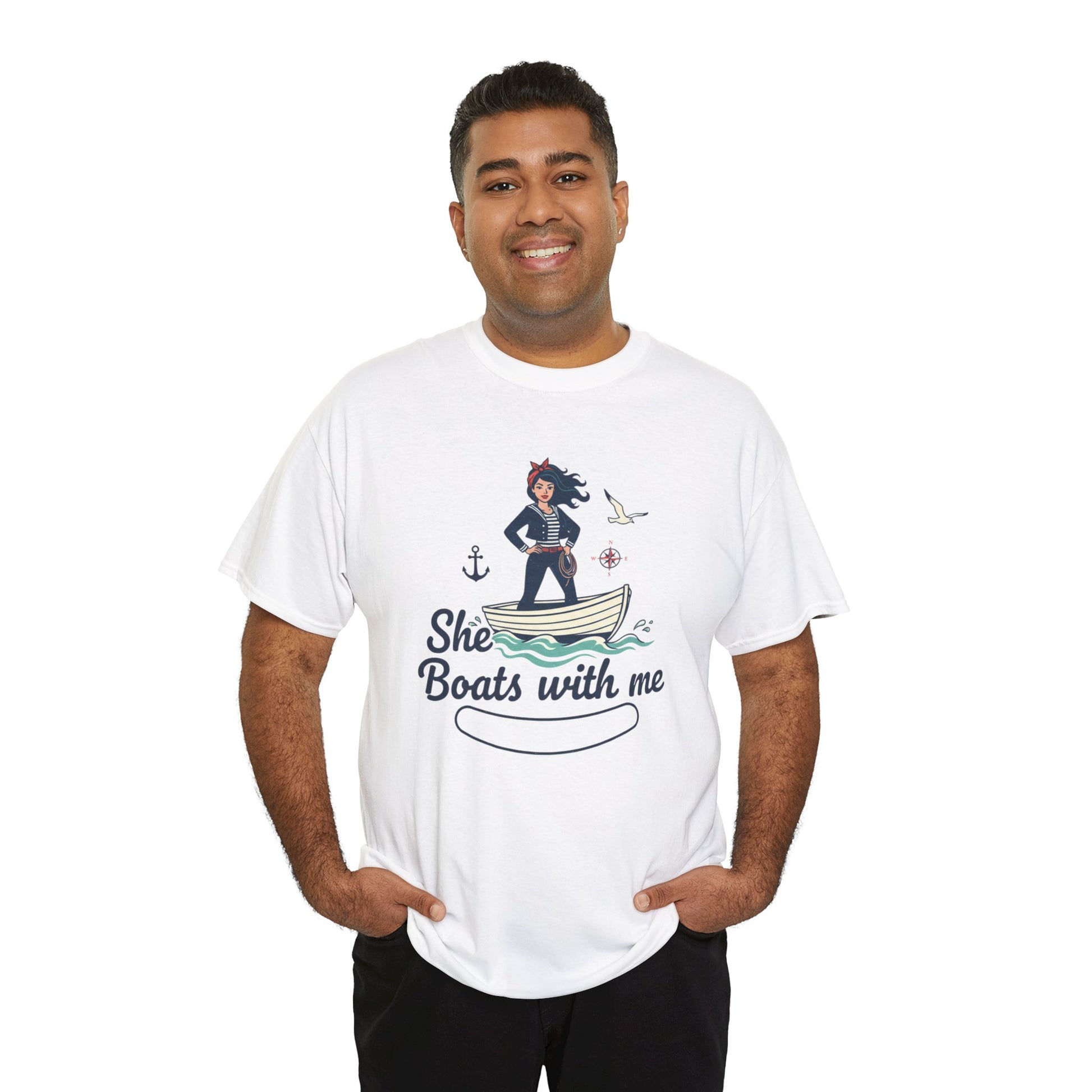 T-Shirt — "She Boats With Me" Nautical Couple Tee Printify