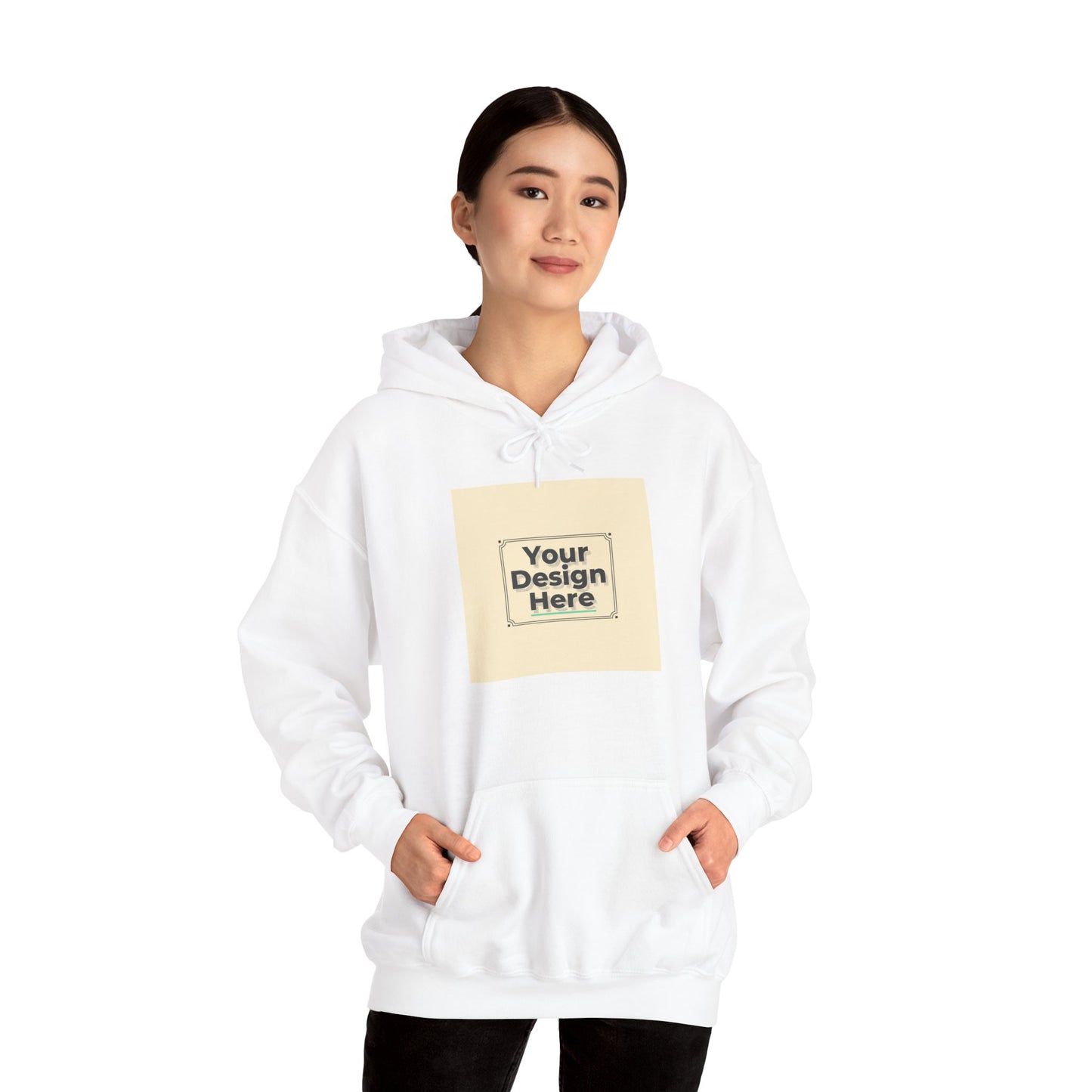 Custom Classic White Hoodie with Centered Square Design Mockup Printify