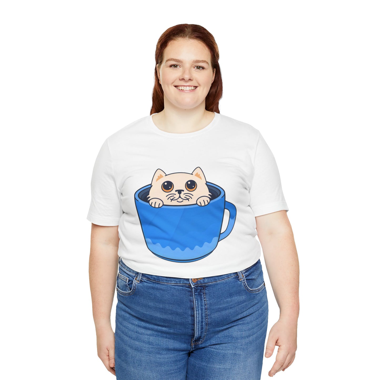 Cat in a Blue Mug T‑Shirt — Cute Kawaii Kitten Tee