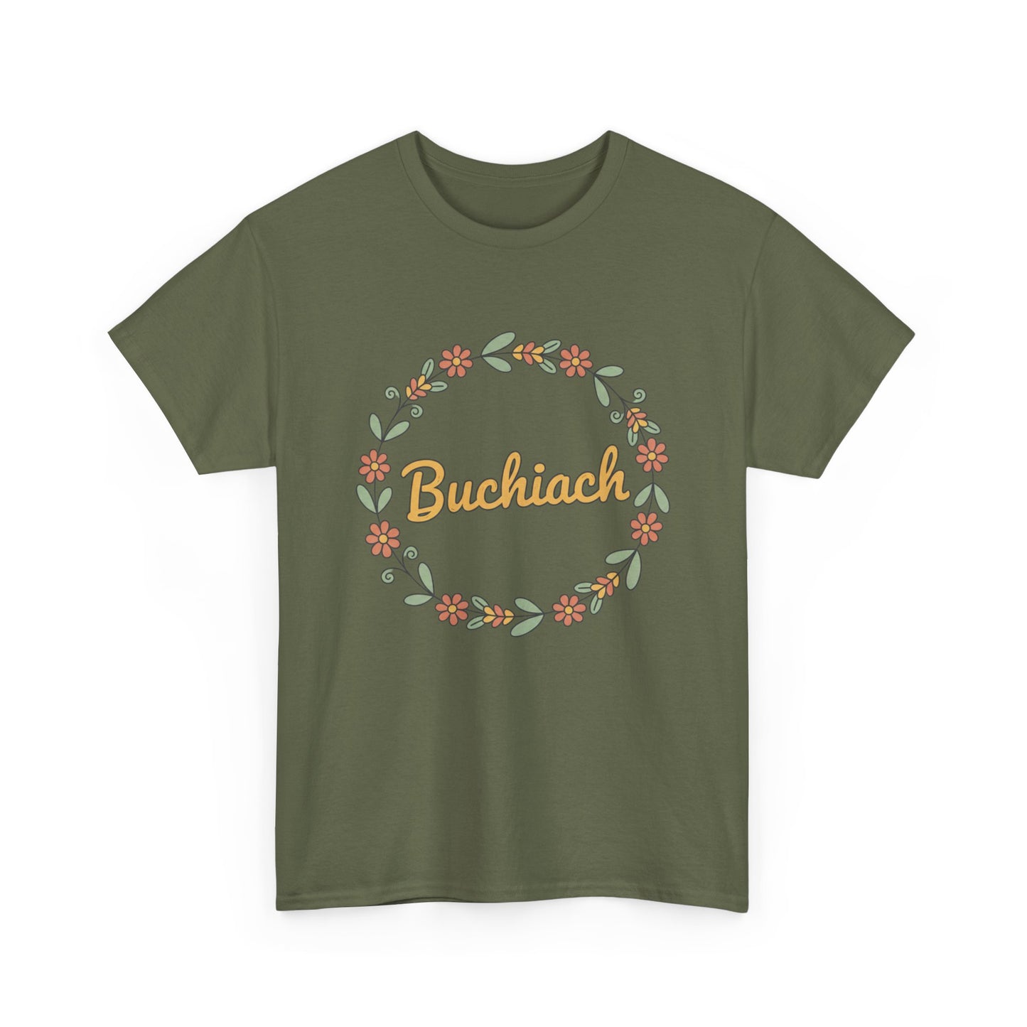 Buchiach Floral Wreath T-Shirt — Retro Script Garden Tee Printify