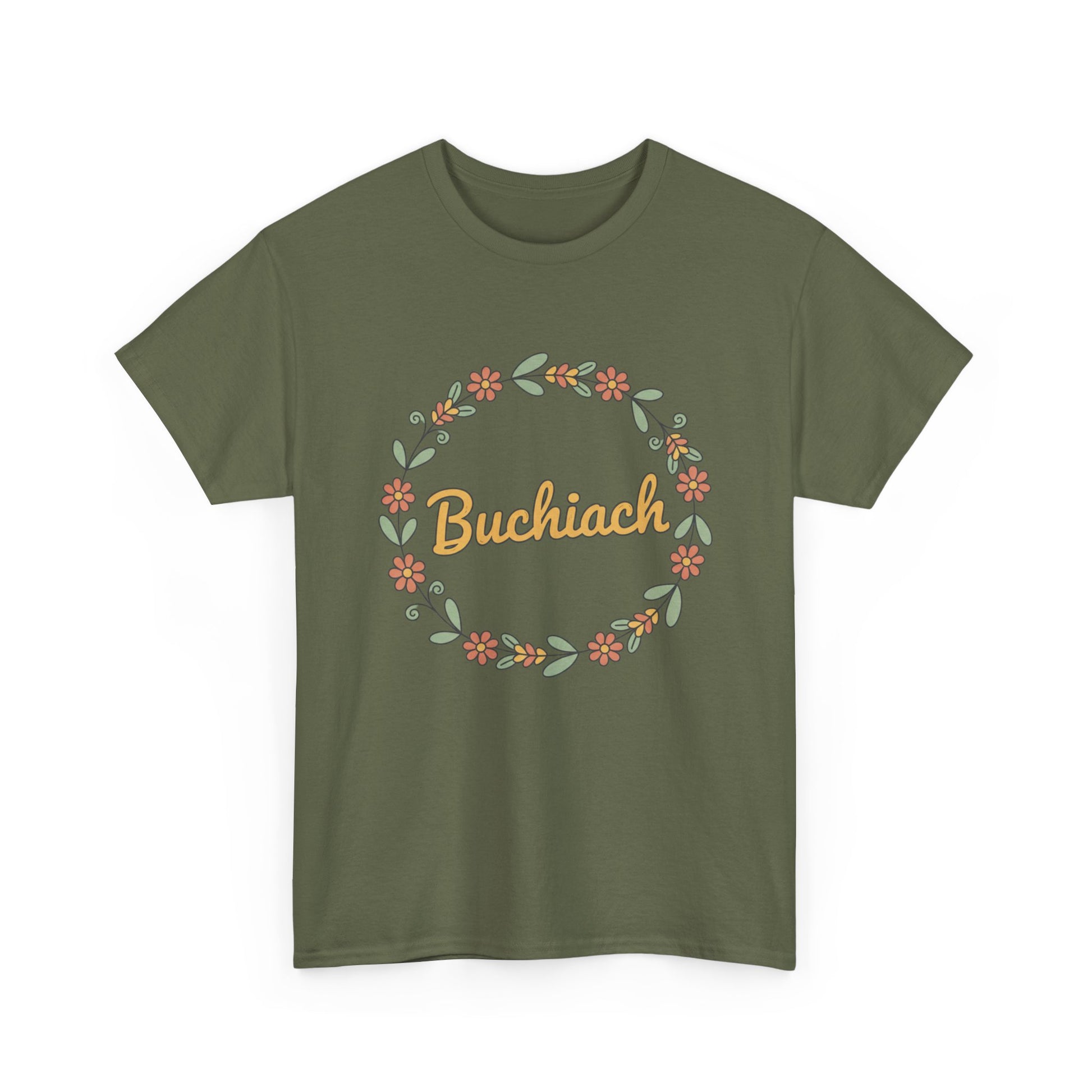 Buchiach Floral Wreath T-Shirt — Retro Script Garden Tee Printify