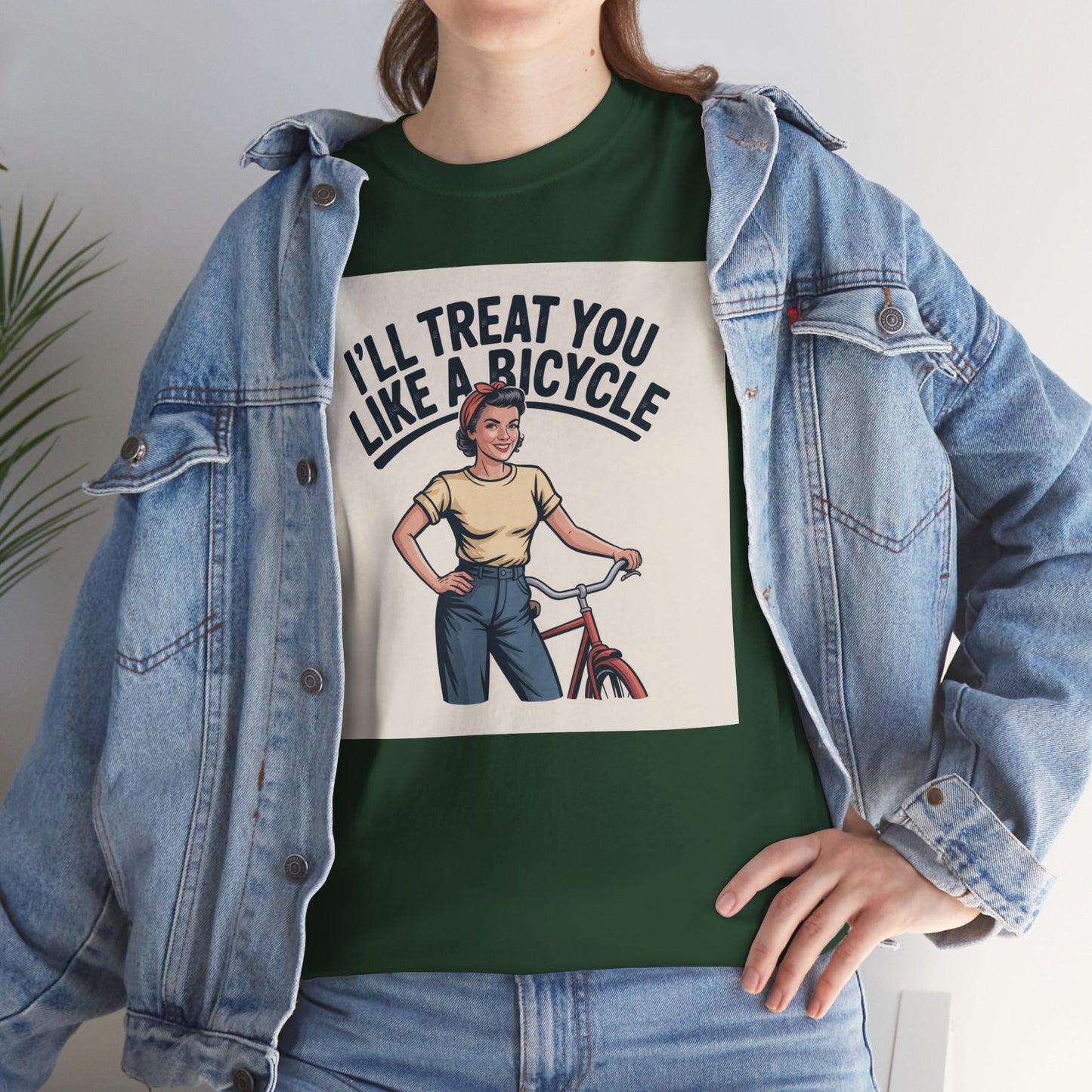 I'll Treat You Like a Bicycle Tee — Vintage Woman Biker Graphic T-Shirt