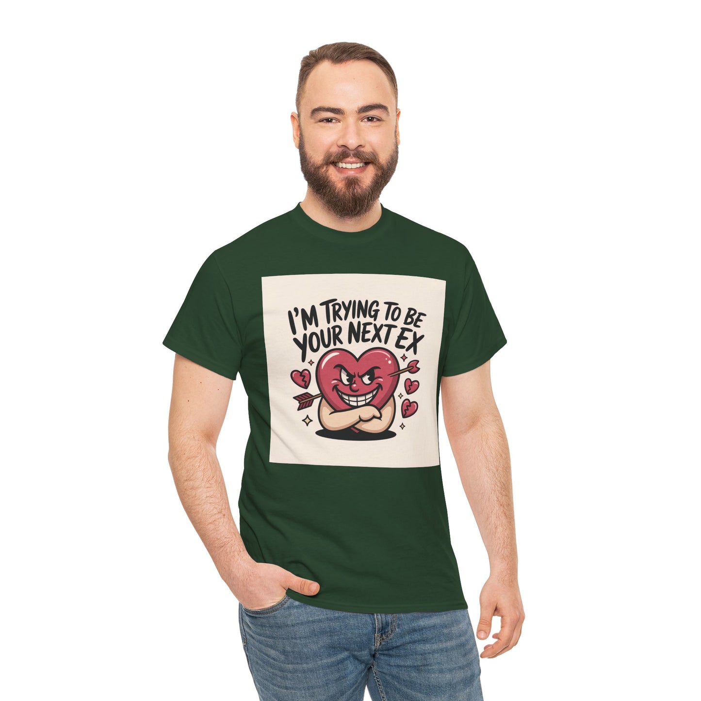Valentine Heart Character Tee — "I'm Trying To Be Your Next Ex" Graphic T-Shirt Printify