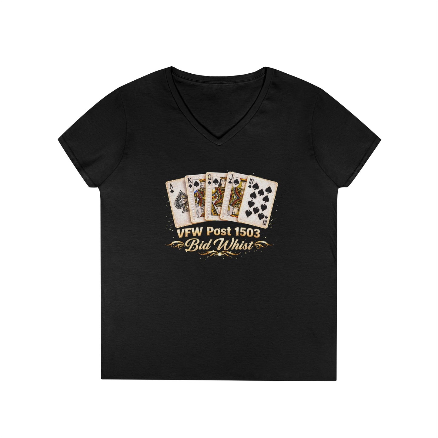 Ladies' V-Neck T-Shirt — Vintage Playing Cards "VFW Post 1503" Graphic Printify