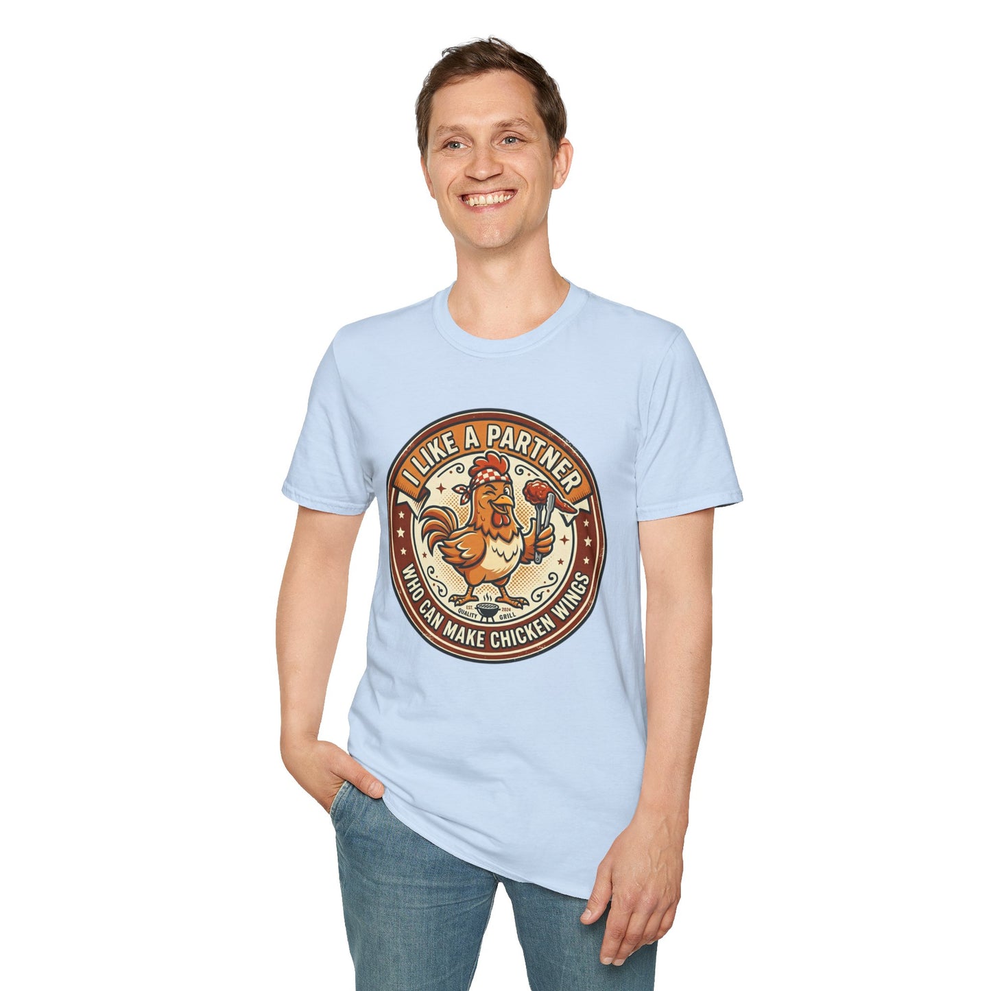Funny Chicken Wings T-Shirt — "I Like A Partner Who Can Make Chicken Wings" Crew Tee