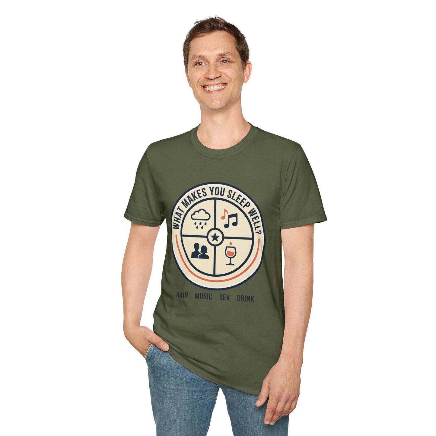 "What Makes You Sleep Well?" Rain, Music, Sex, Drink Graphic-Sleep Essentials T‑Shirt