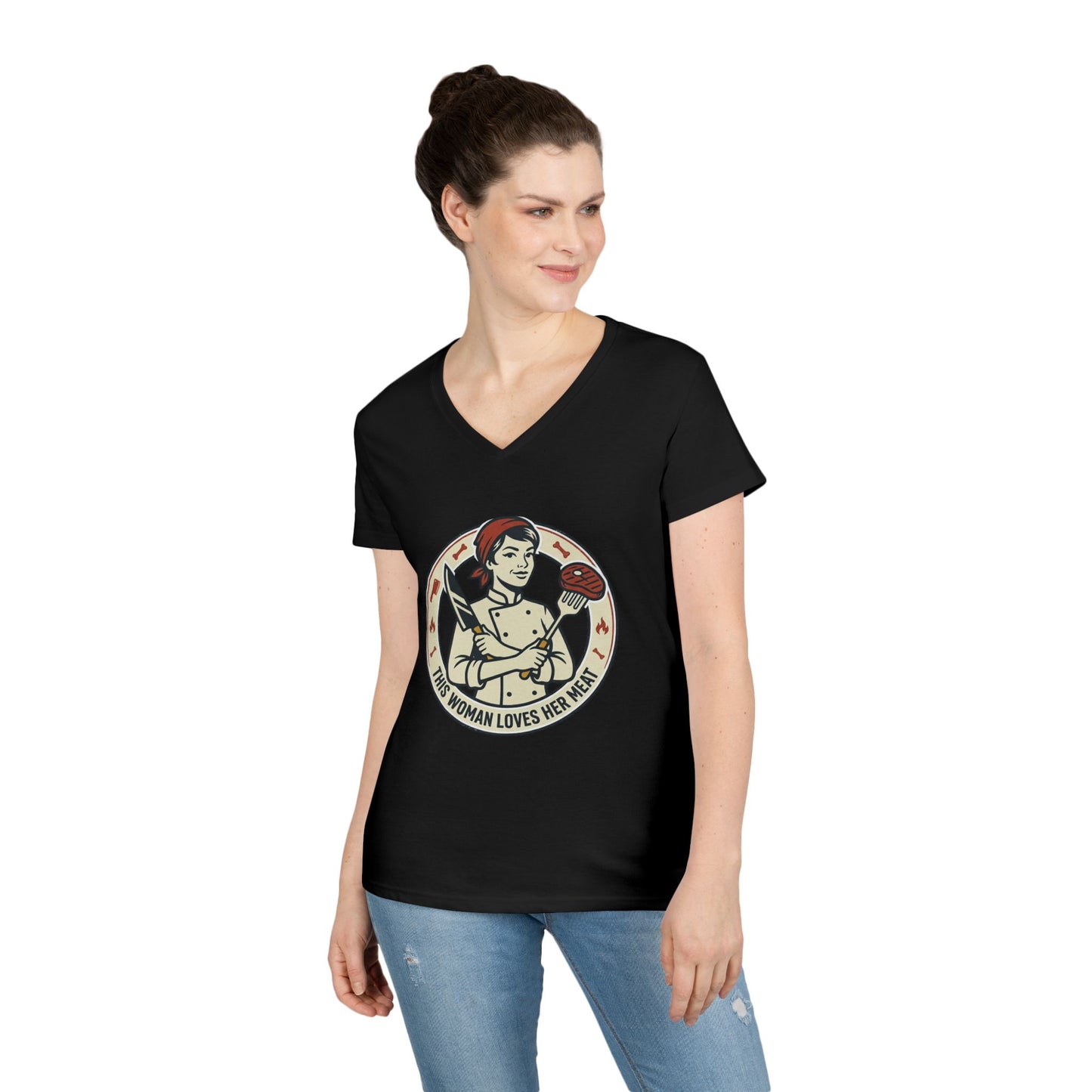 Ladies' V-Neck T-Shirt — "This Woman Loves Her Meat" Chef Graphic Tee