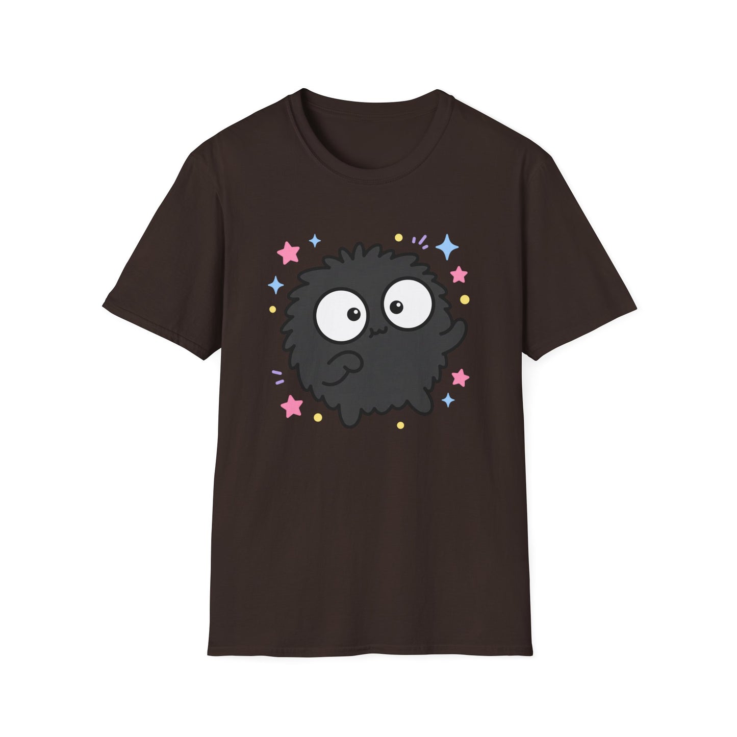 Cute Black Fuzzball T-Shirt — Kawaii Monster Tee with Stars
