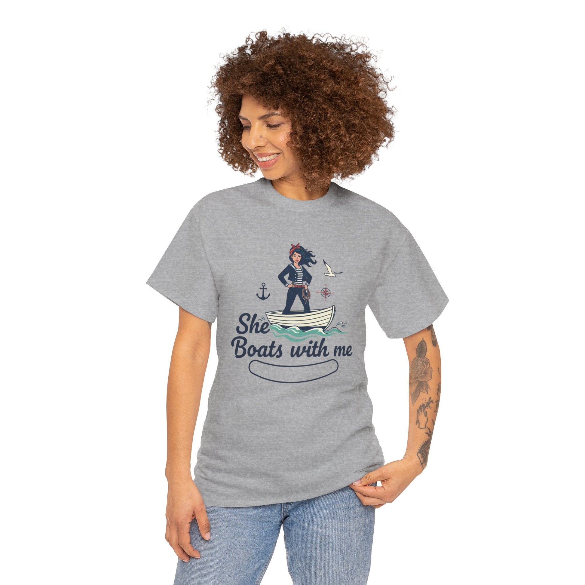 T-Shirt — "She Boats With Me" Nautical Couple Tee Printify