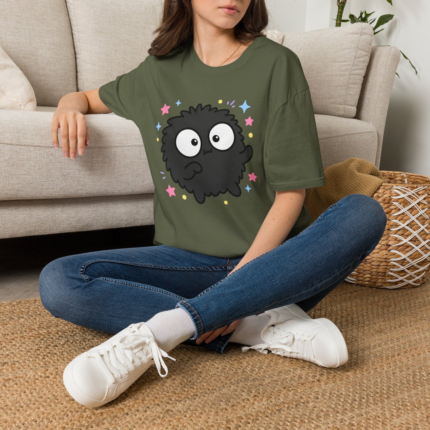 Cute Black Fuzzball T-Shirt — Kawaii Monster Tee with Stars