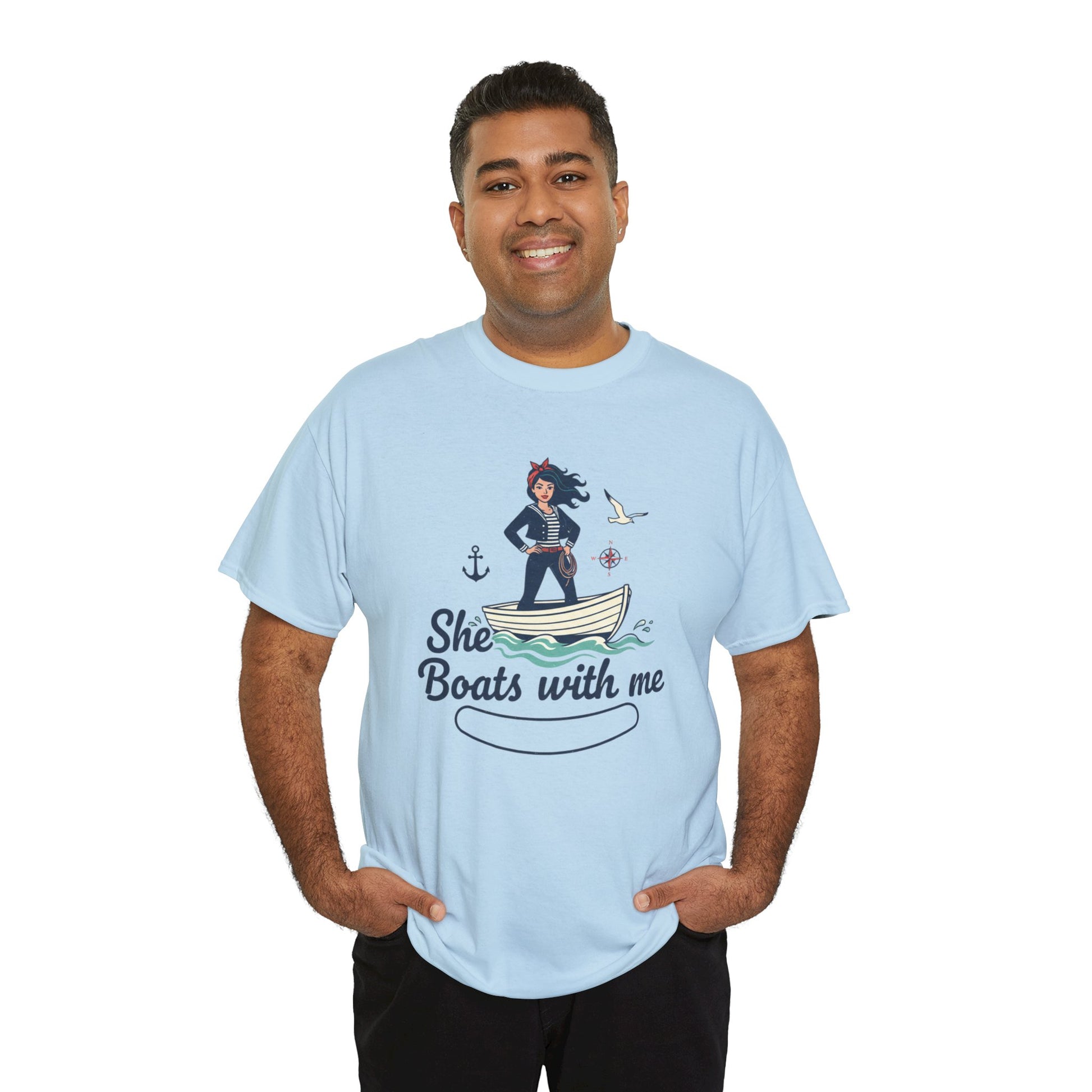 T-Shirt — "She Boats With Me" Nautical Couple Tee Printify