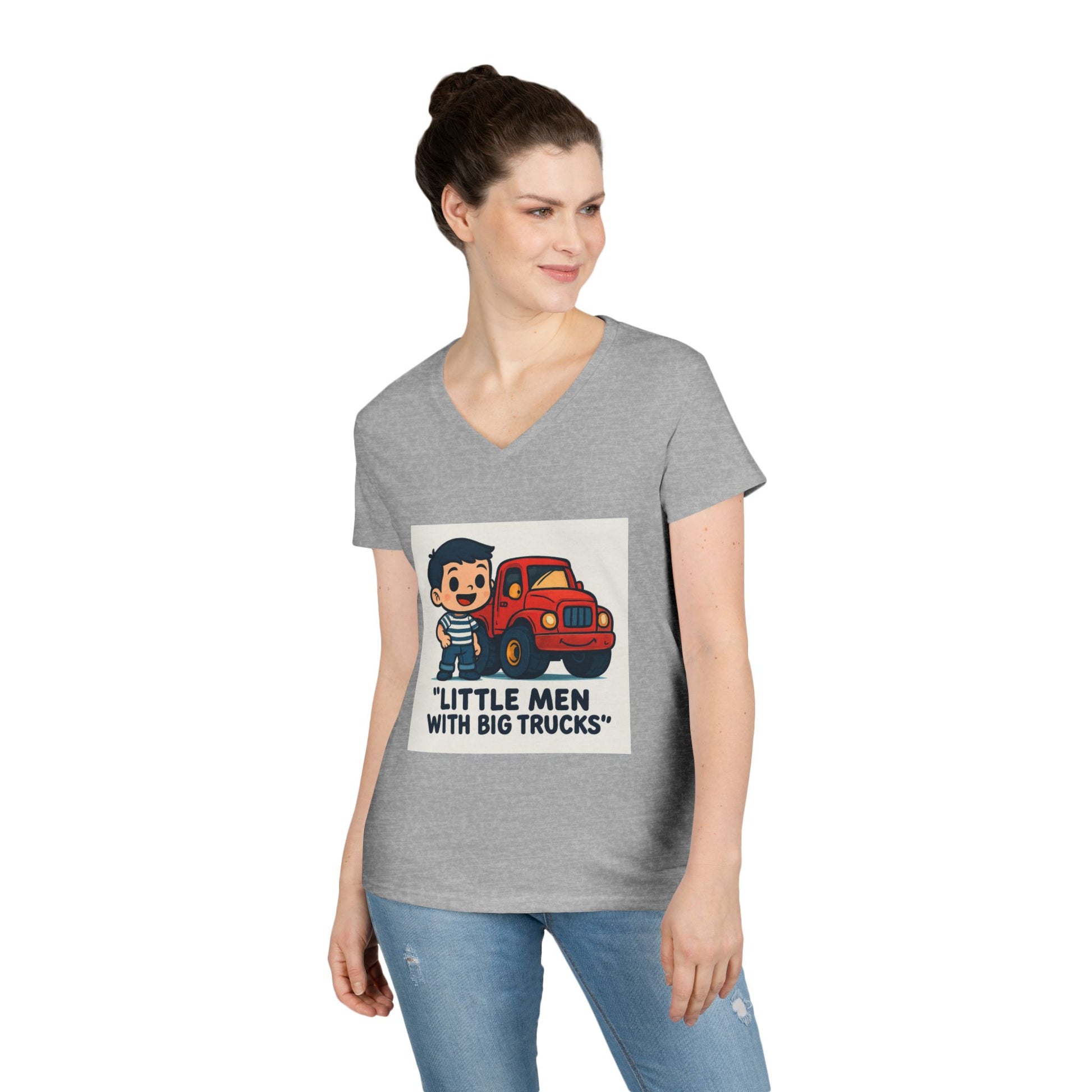 Ladies' V-Neck T-Shirt — "Little Men with Big Trucks" Cute Retro Truck Tee for Kids & Moms Printify