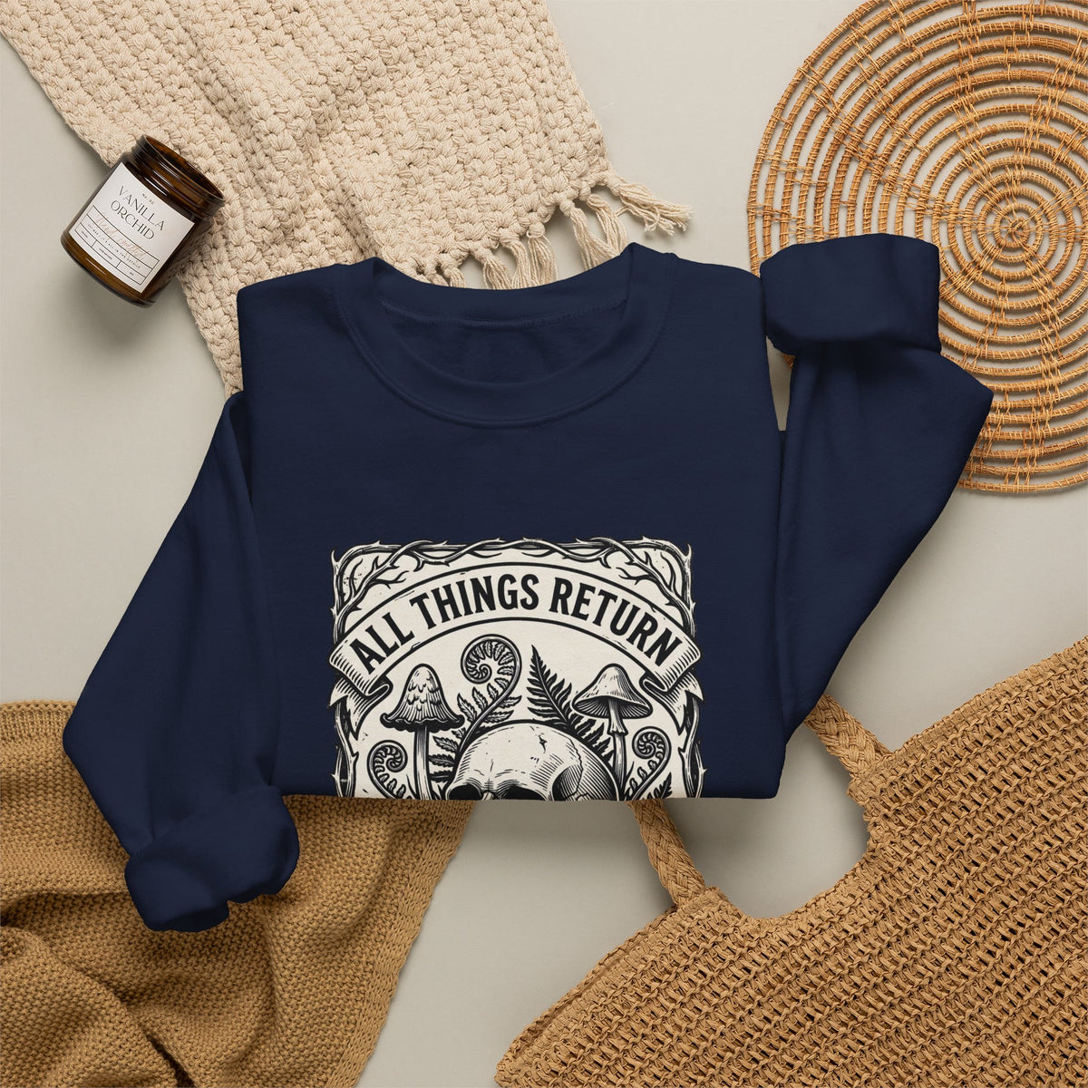 Gothic Botanicals Skull & Mushrooms Crewneck Sweatshirt | Dark Botanical Illustration