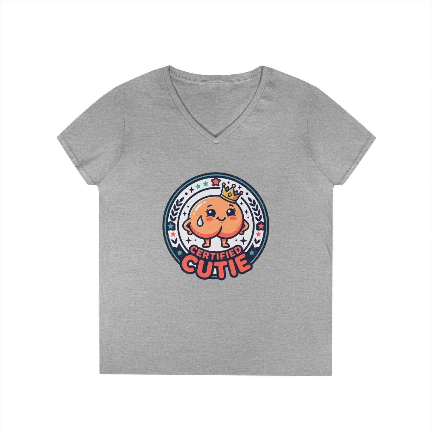 Certified Cutie V-Neck T-Shirt — Cute Cartoon Badge Graphic Tee for Women Printify