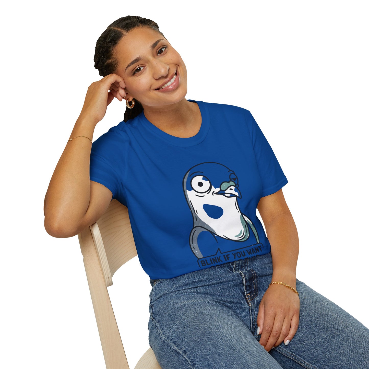 Pigeon Meme T‑Shirt — “Blink If You Want Some Of This” Funny Graphic Tee