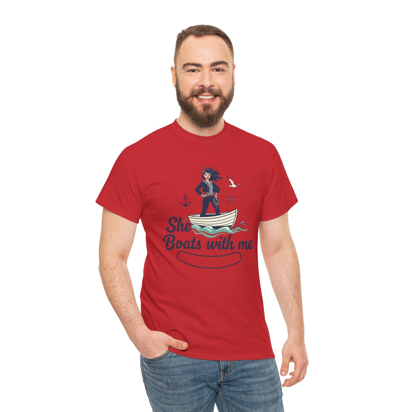 T-Shirt — "She Boats With Me" Nautical Couple Tee Printify