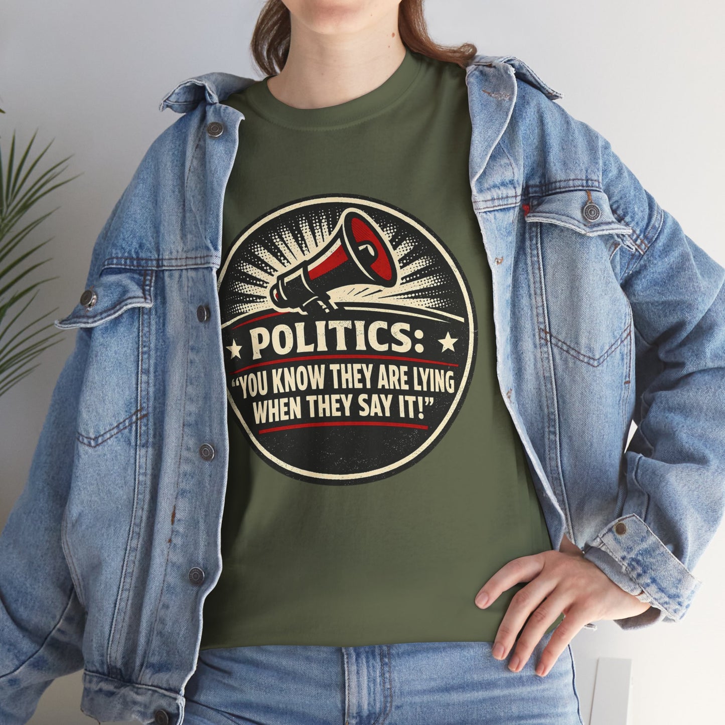 Political Satire T-Shirt — "Politics: You Know They Are Lying When They Say It" Retro Megaphone Tee