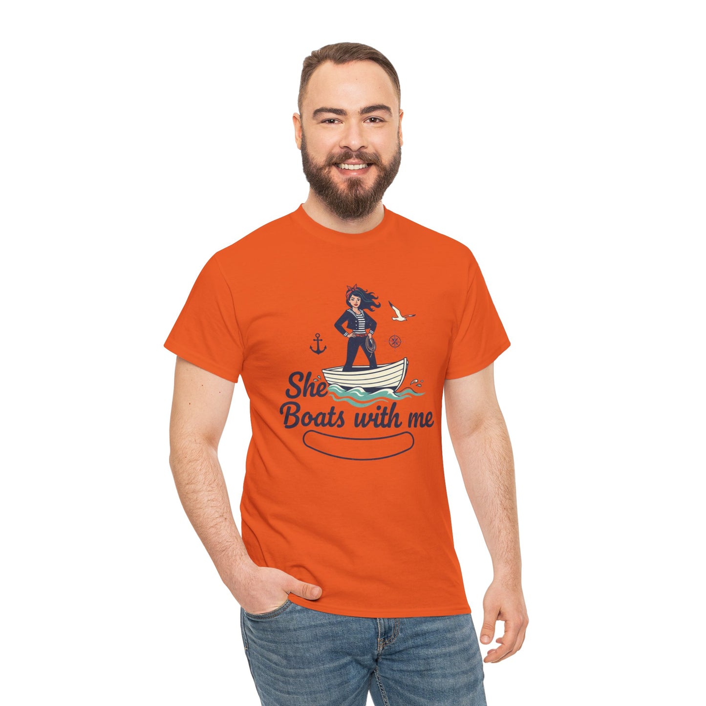 T-Shirt — "She Boats With Me" Nautical Couple Tee Printify