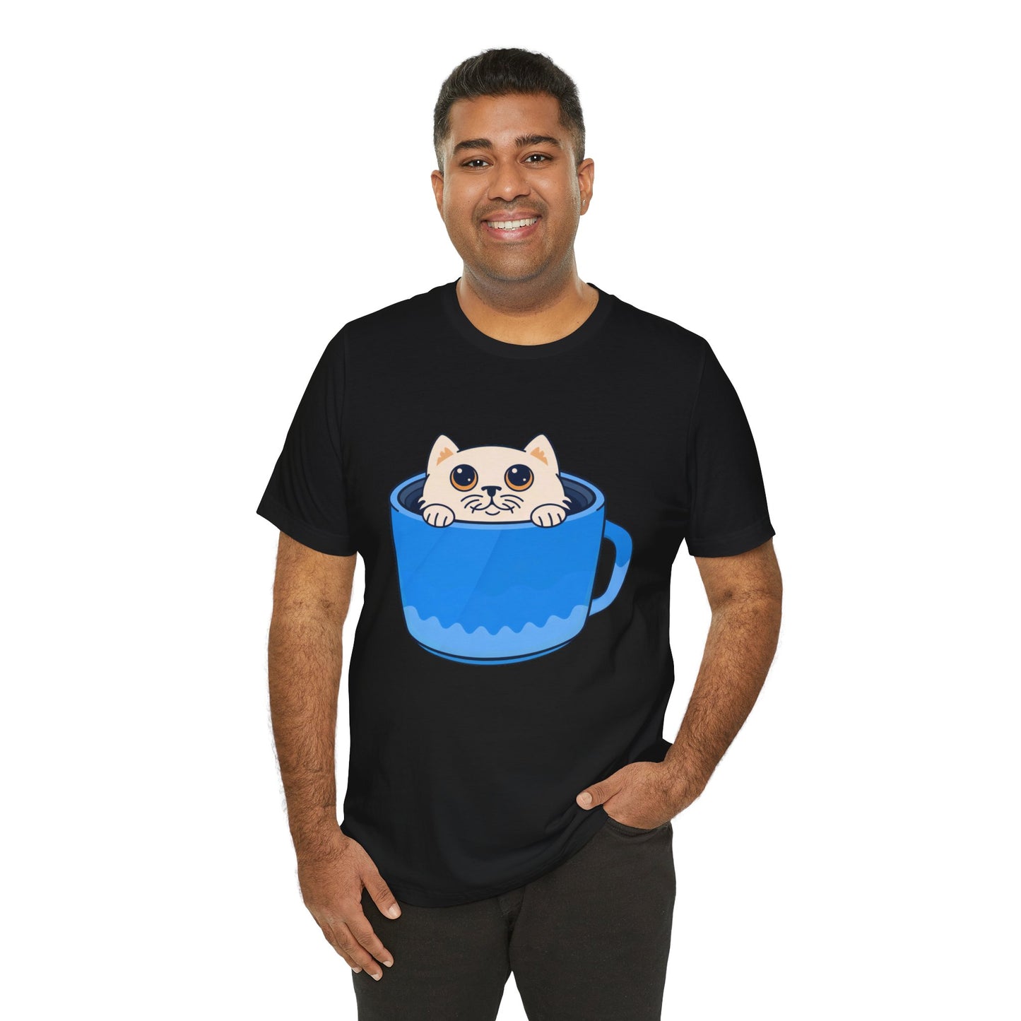 Cat in a Blue Mug T‑Shirt — Cute Kawaii Kitten Tee