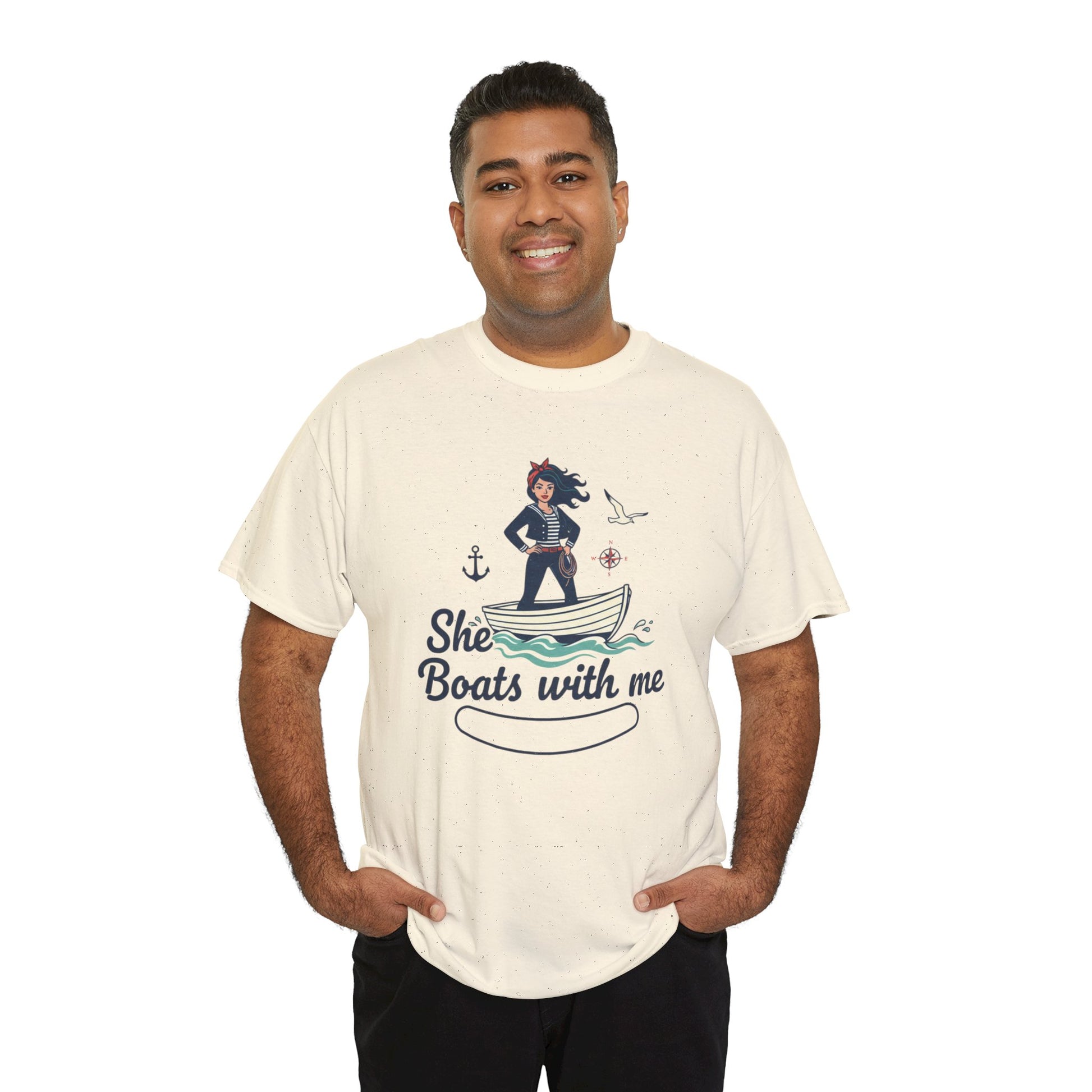 T-Shirt — "She Boats With Me" Nautical Couple Tee Printify
