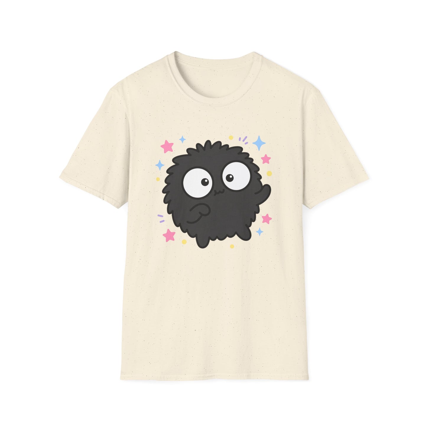 Cute Black Fuzzball T-Shirt — Kawaii Monster Tee with Stars