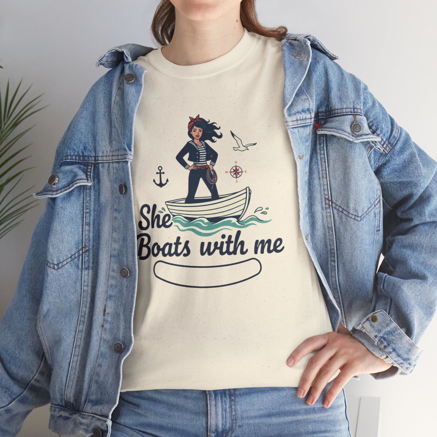 T-Shirt — "She Boats With Me" Nautical Couple Tee Printify