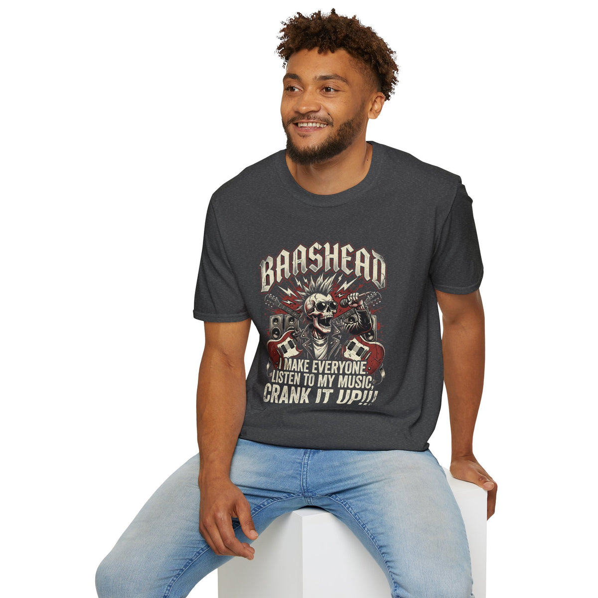 Basshead Skull T-Shirt — “I Make Everyone Listen to My Music, Crank It Up!” Guitar & Speaker Rock Tee