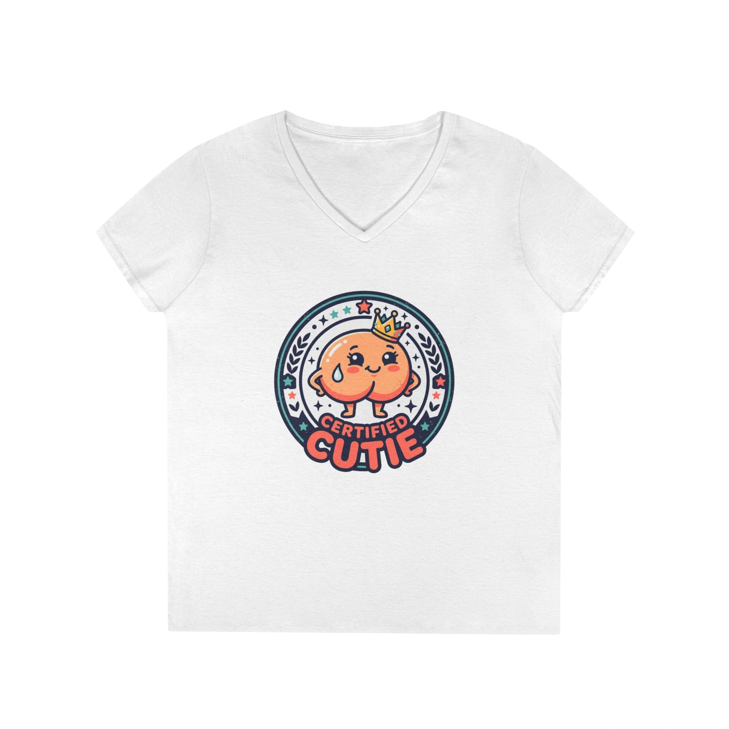 Certified Cutie V-Neck T-Shirt — Cute Cartoon Badge Graphic Tee for Women Printify