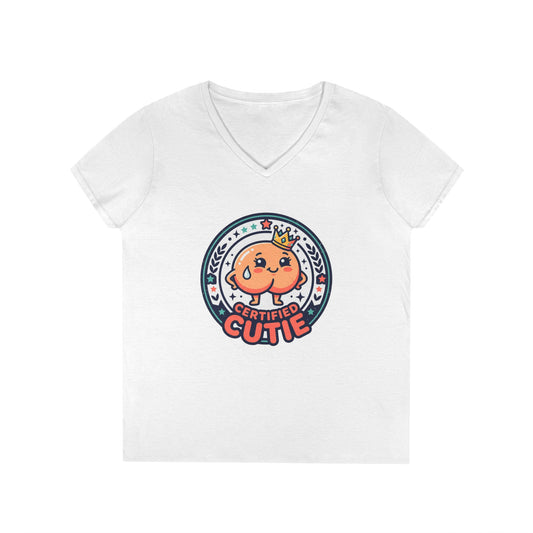 Certified Cutie V-Neck T-Shirt — Cute Cartoon Badge Graphic Tee for Women Printify