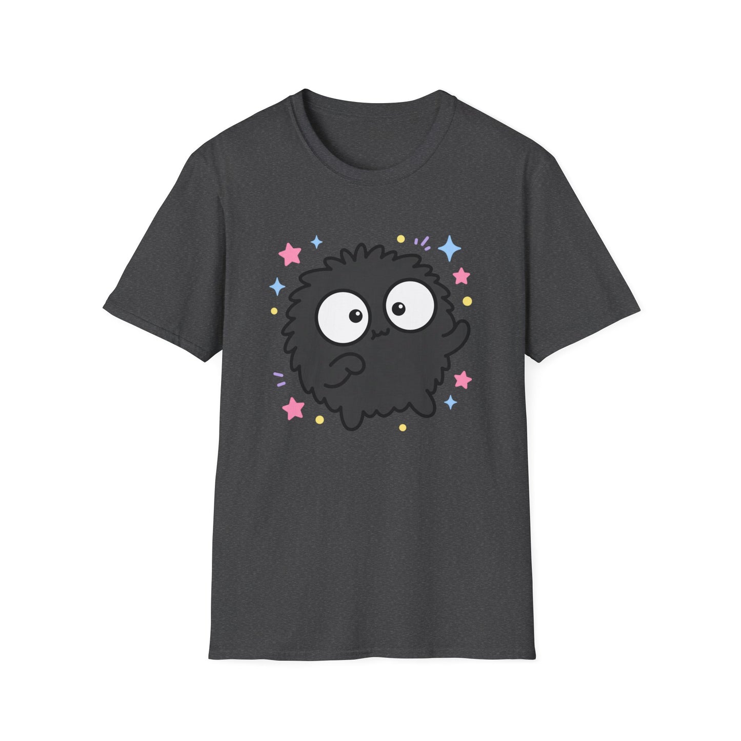 Cute Black Fuzzball T-Shirt — Kawaii Monster Tee with Stars