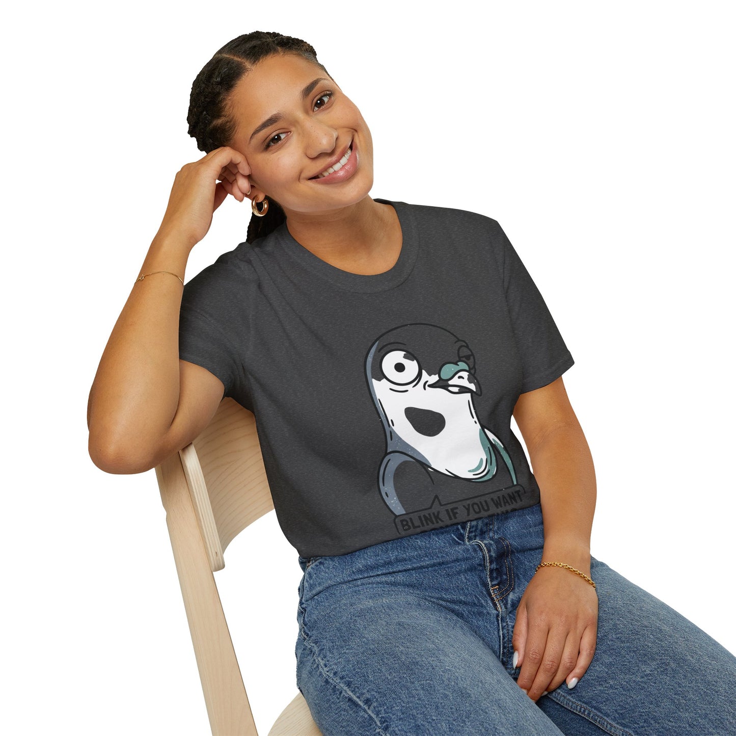Pigeon Meme T‑Shirt — “Blink If You Want Some Of This” Funny Graphic Tee